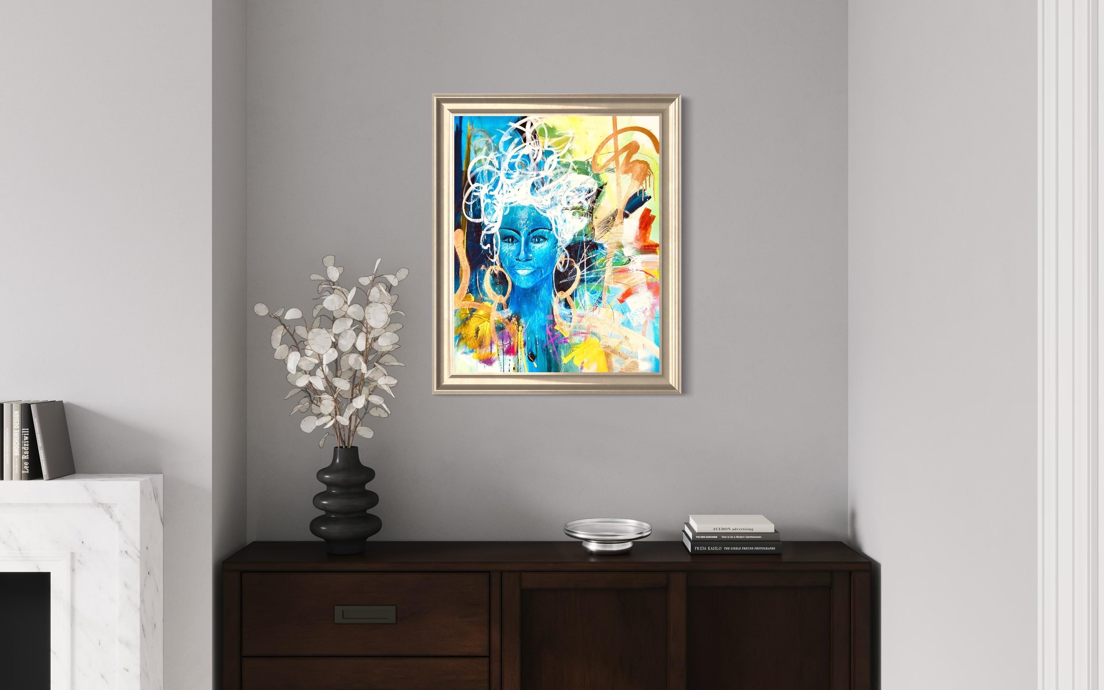 Black & Blu - richement texturé, bleu, vert, or, figuratif, femme, noir, gras - Painting de Michelle Thomas Artist