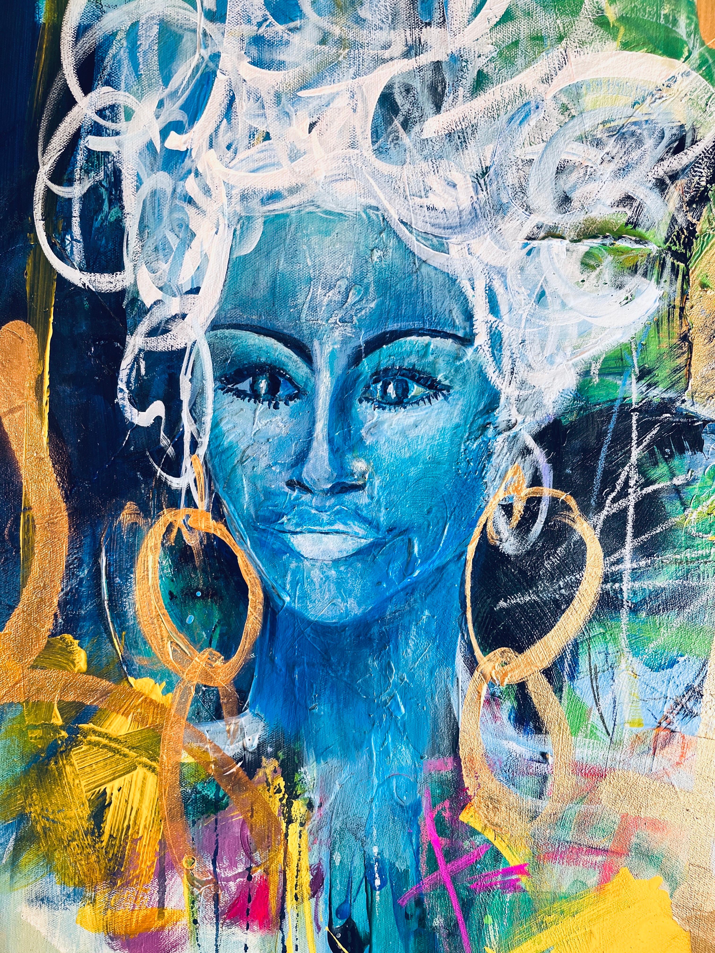 Black & Blu - richement texturé, bleu, vert, or, figuratif, femme, noir, gras en vente 9