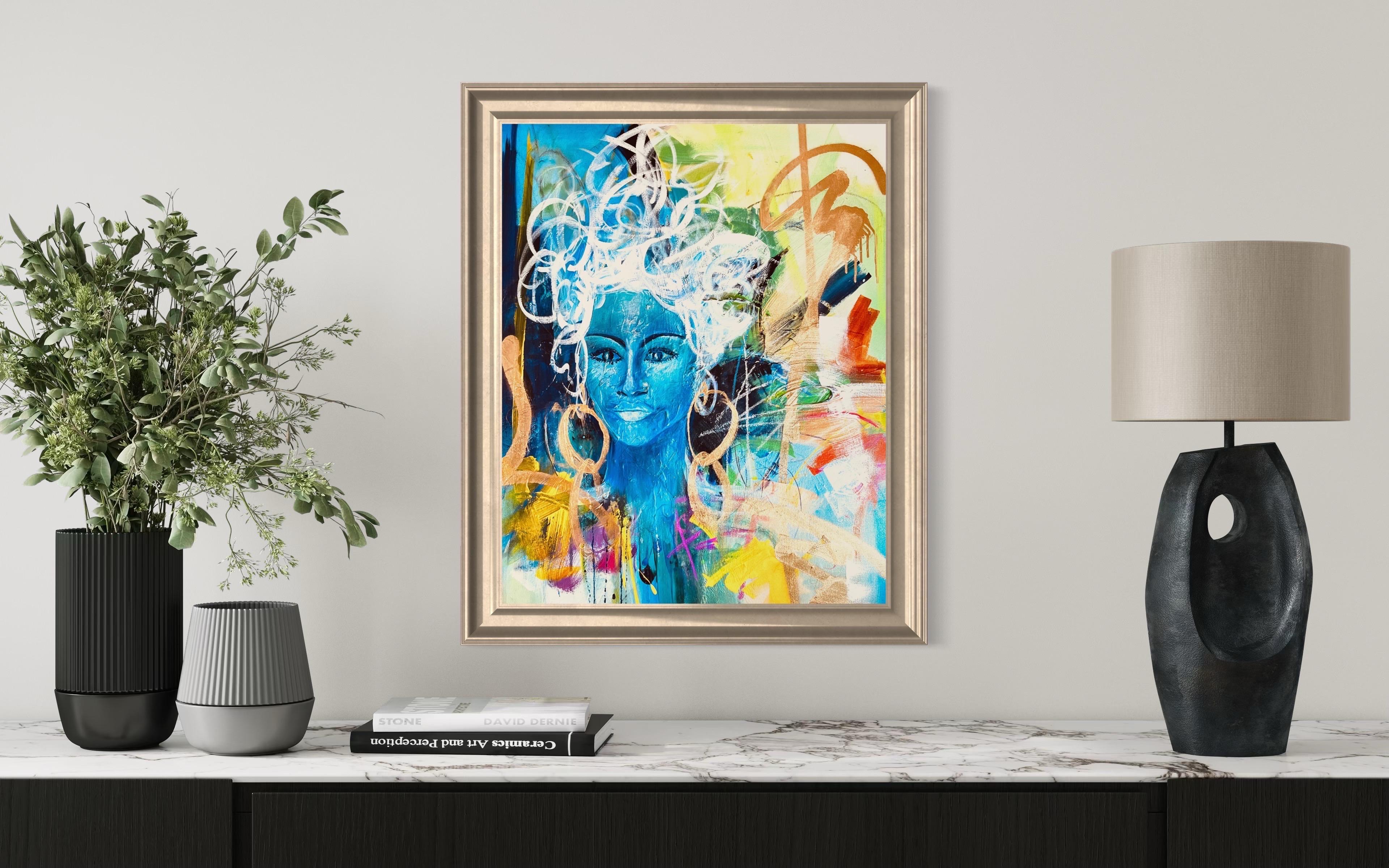 Black & Blu - richement texturé, bleu, vert, or, figuratif, femme, noir, gras en vente 1