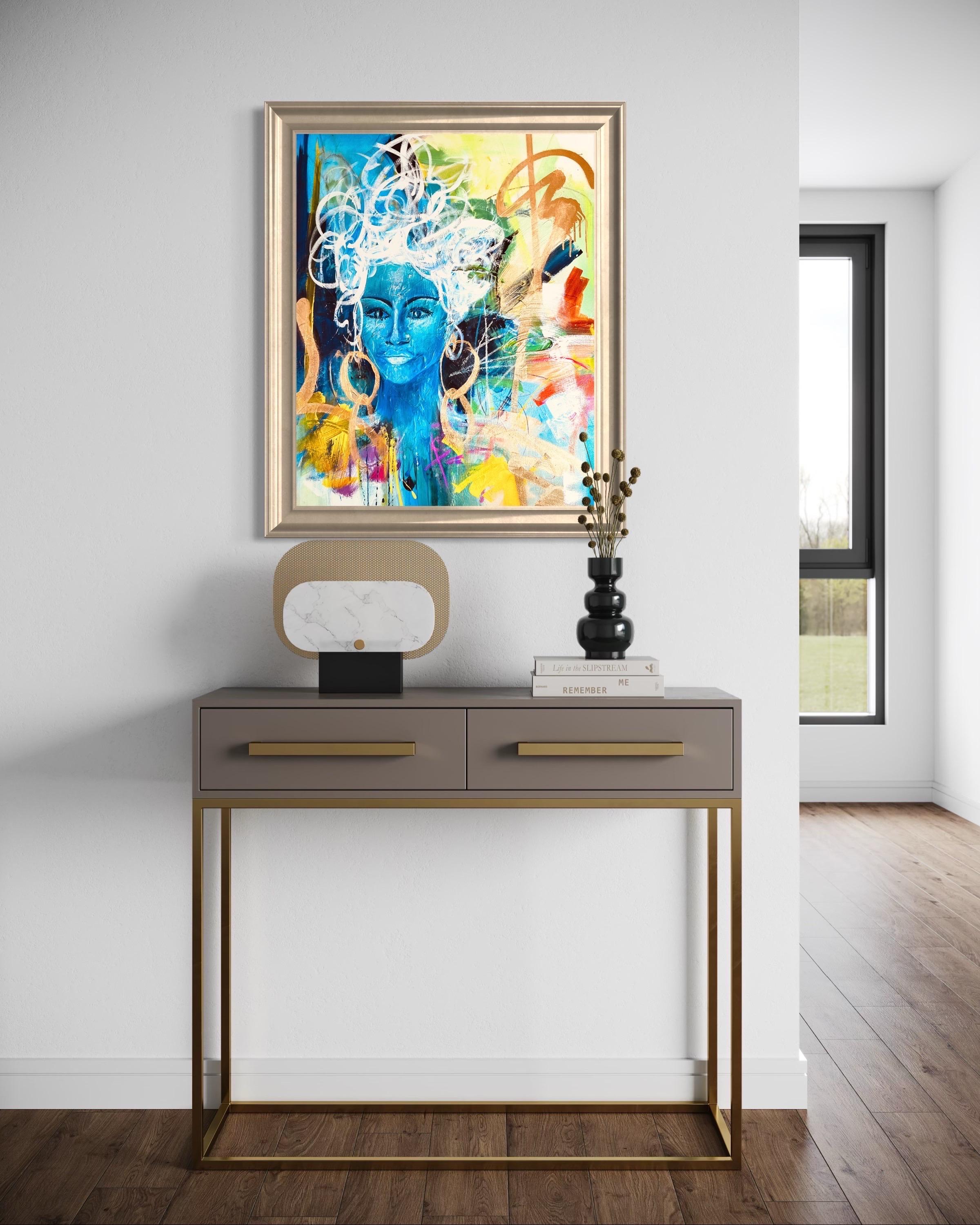 Black & Blu - richement texturé, bleu, vert, or, figuratif, femme, noir, gras en vente 3