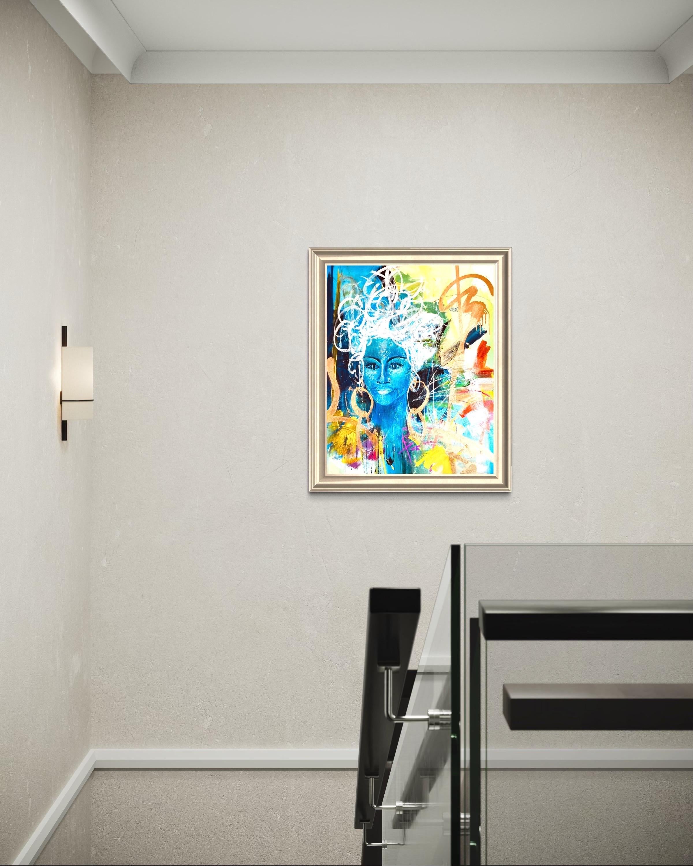 Black & Blu - richement texturé, bleu, vert, or, figuratif, femme, noir, gras en vente 5