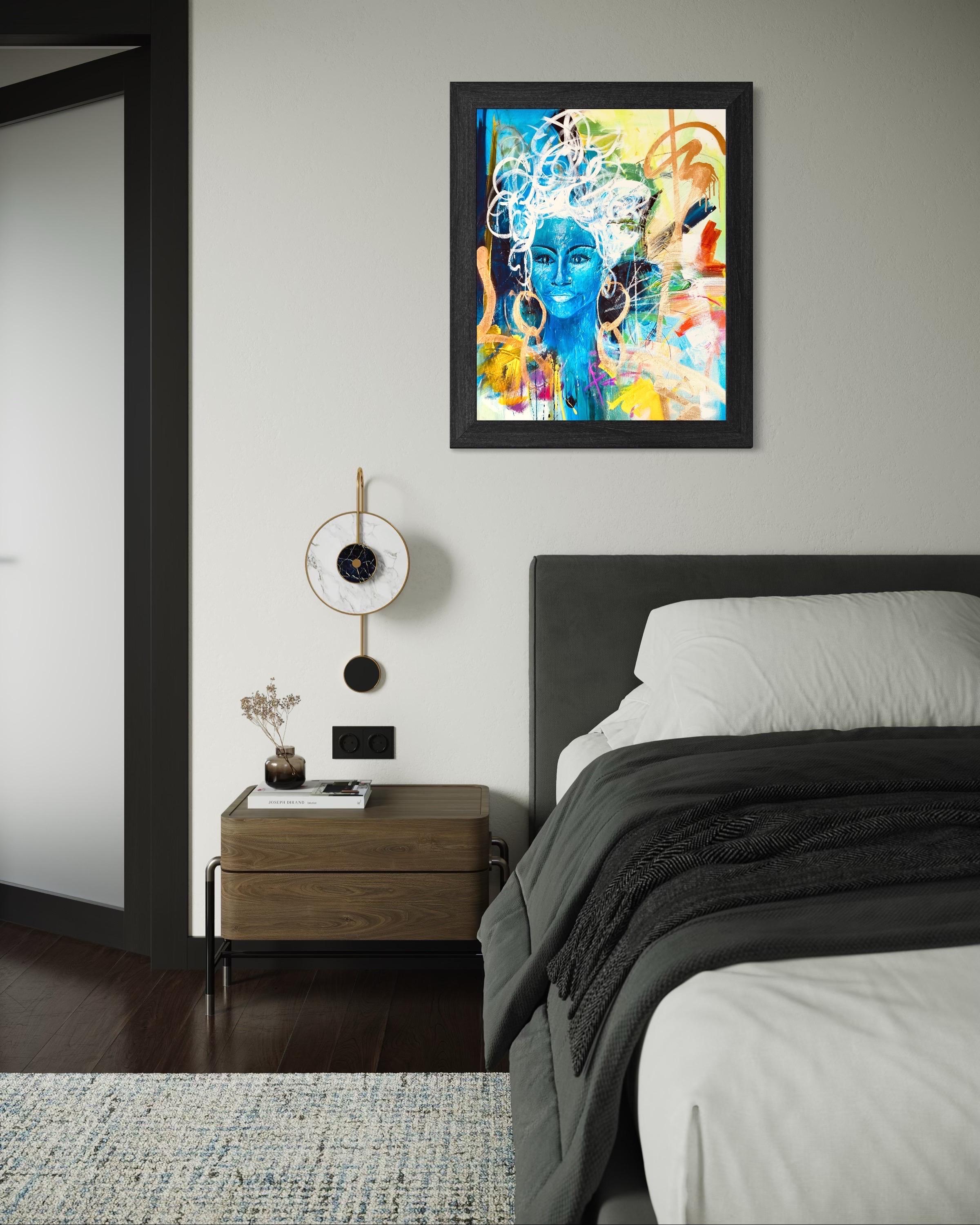 Black & Blu - richement texturé, bleu, vert, or, figuratif, femme, noir, gras en vente 7