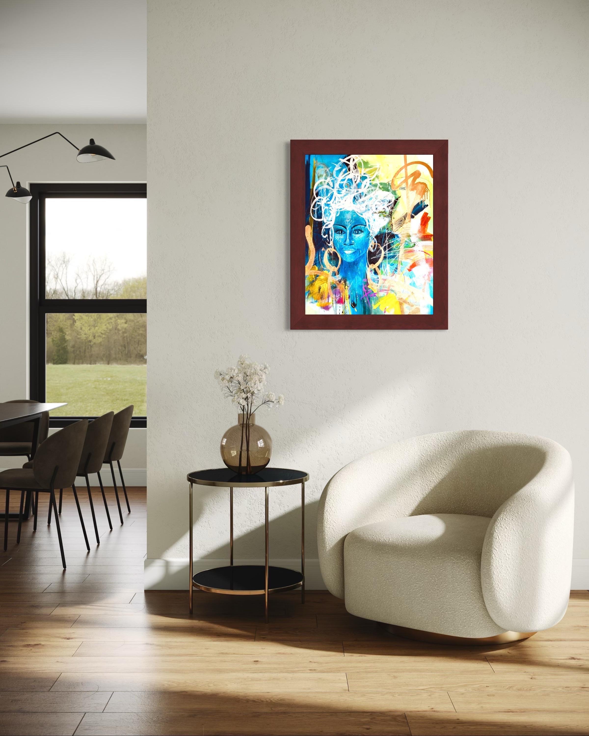 Black & Blu - richement texturé, bleu, vert, or, figuratif, femme, noir, gras en vente 8