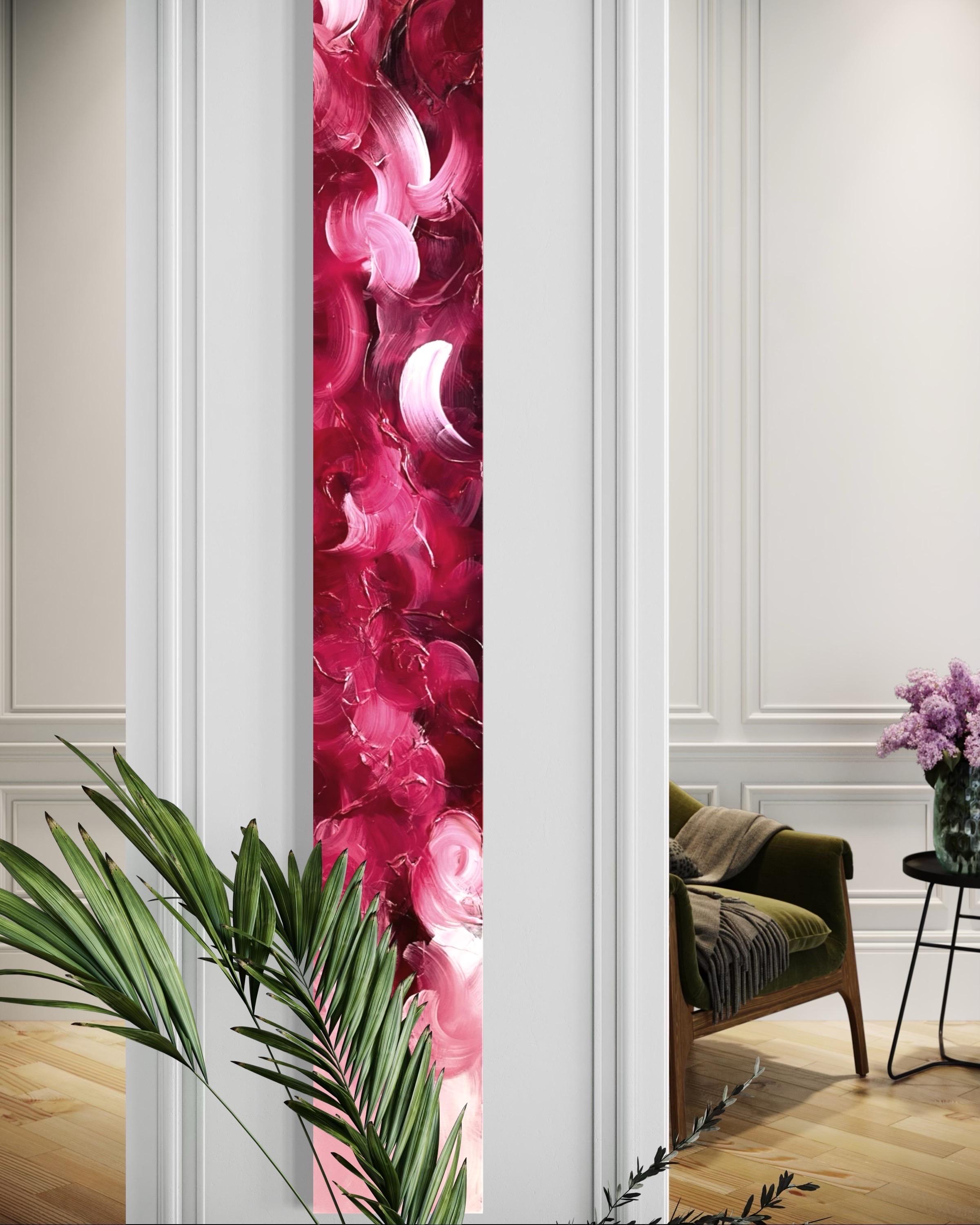 “Dancing Roses” – Tall Abstract Painting in Deep Crimson and Blush by Michelle Thomas.

A vertical symphony of color and movement, Dancing Roses evokes the elegance of falling petals in warm summer light—romantic, emotive, and designed for the