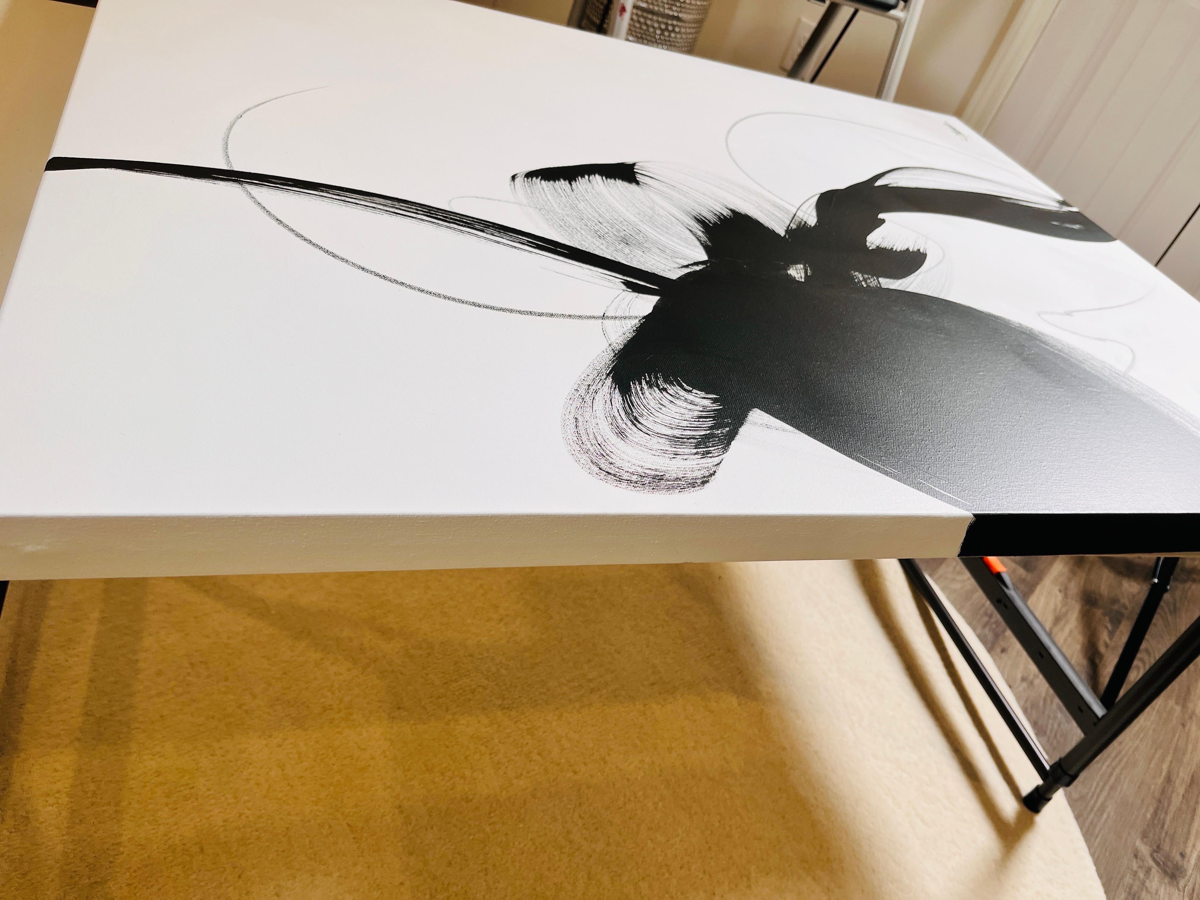 “Disobedience” – Minimalist Black & White Acrylic Painting by Michelle Thomas - Gray Abstract Painting by Michelle Thomas Artist