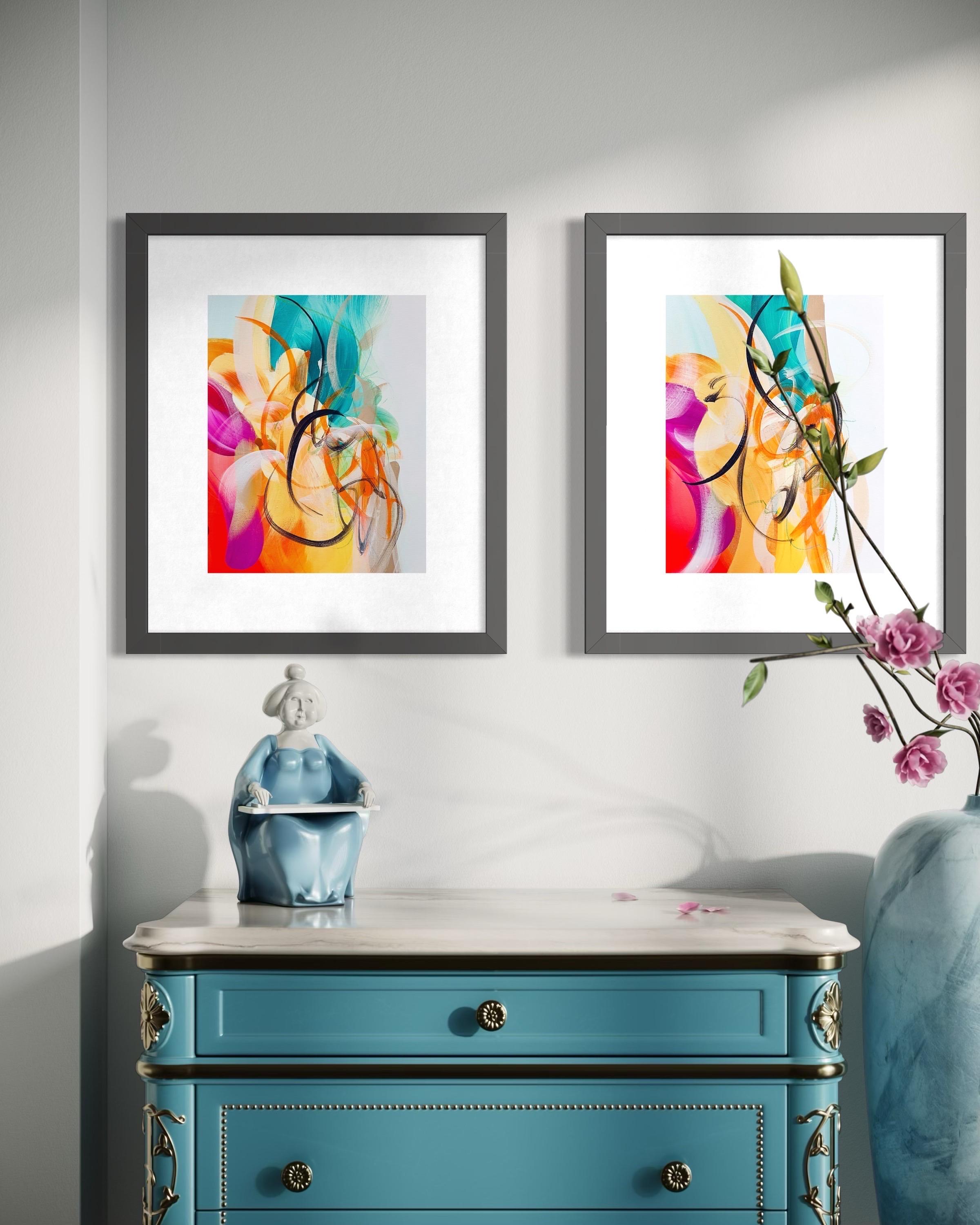 Flora : Echo & Response, Diptyque, deux originaux, coloré, vert, jaune, rose en vente 7