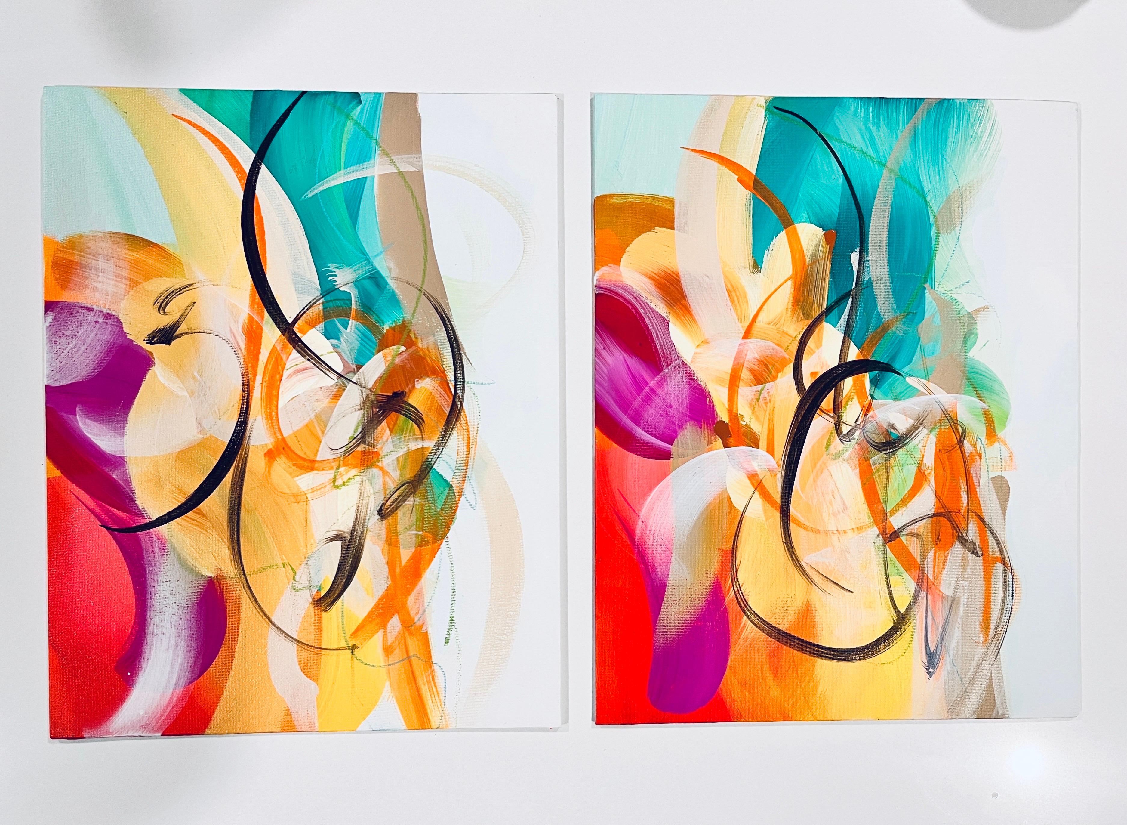 Flora : Echo & Response, Diptyque, deux originaux, coloré, vert, jaune, rose en vente 11