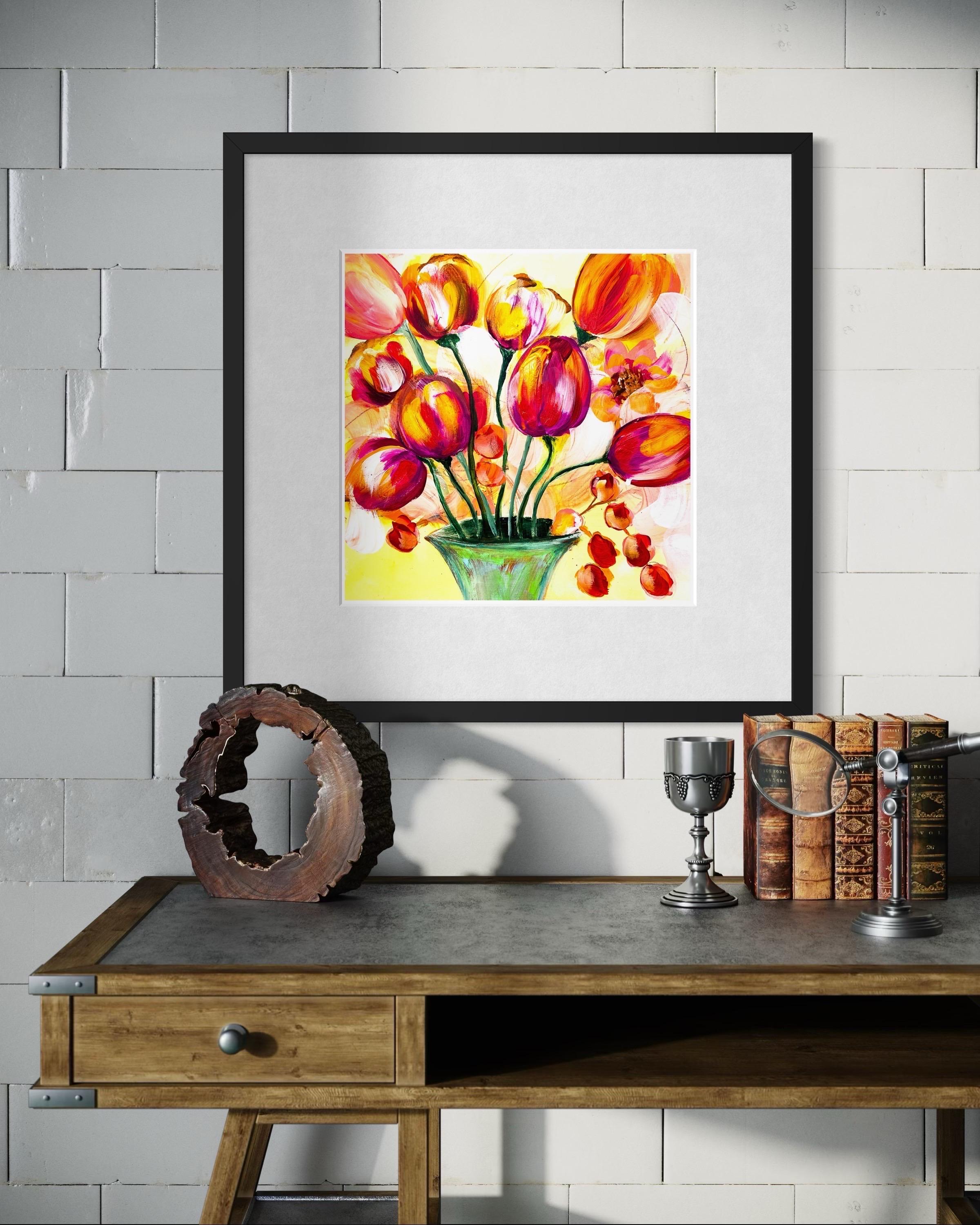 Flourish - Giclée su straccio, firmato, floreale, tulipano, colorato, rosso, arancione, giallo in vendita 8