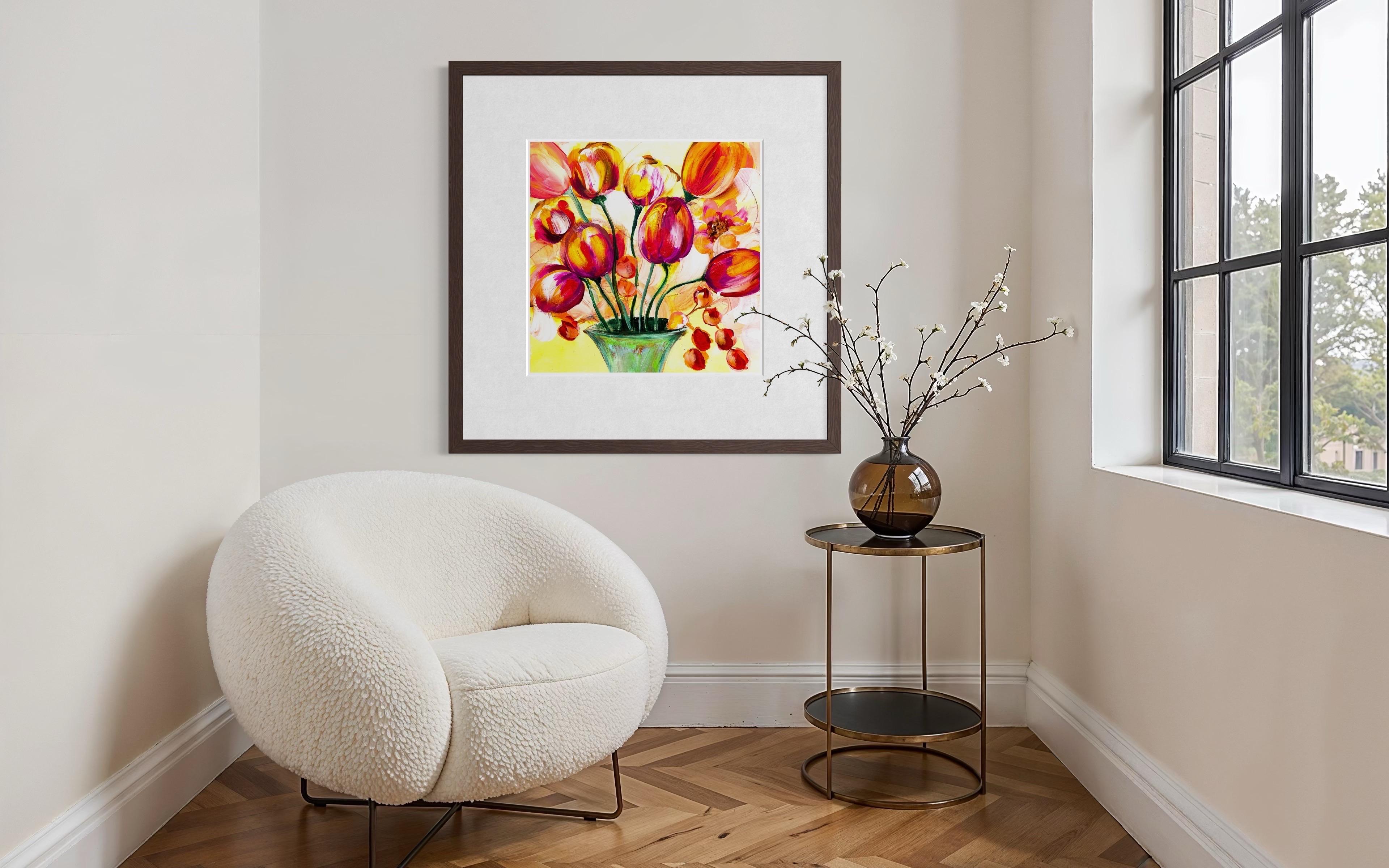 Flourish - Giclée su straccio, firmato, floreale, tulipano, colorato, rosso, arancione, giallo in vendita 9