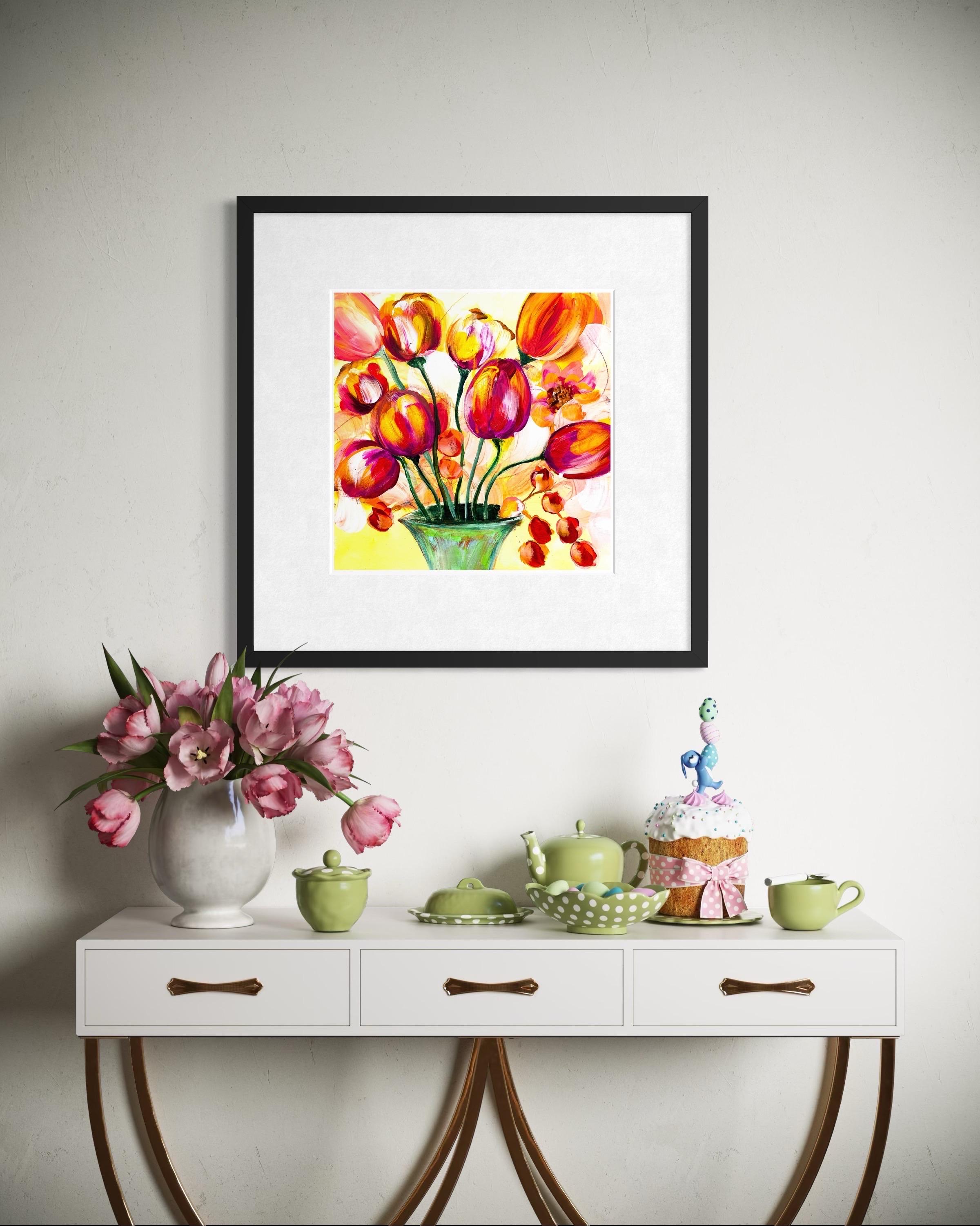 Flourish - Giclée su straccio, firmato, floreale, tulipano, colorato, rosso, arancione, giallo - Painting di Michelle Thomas Artist