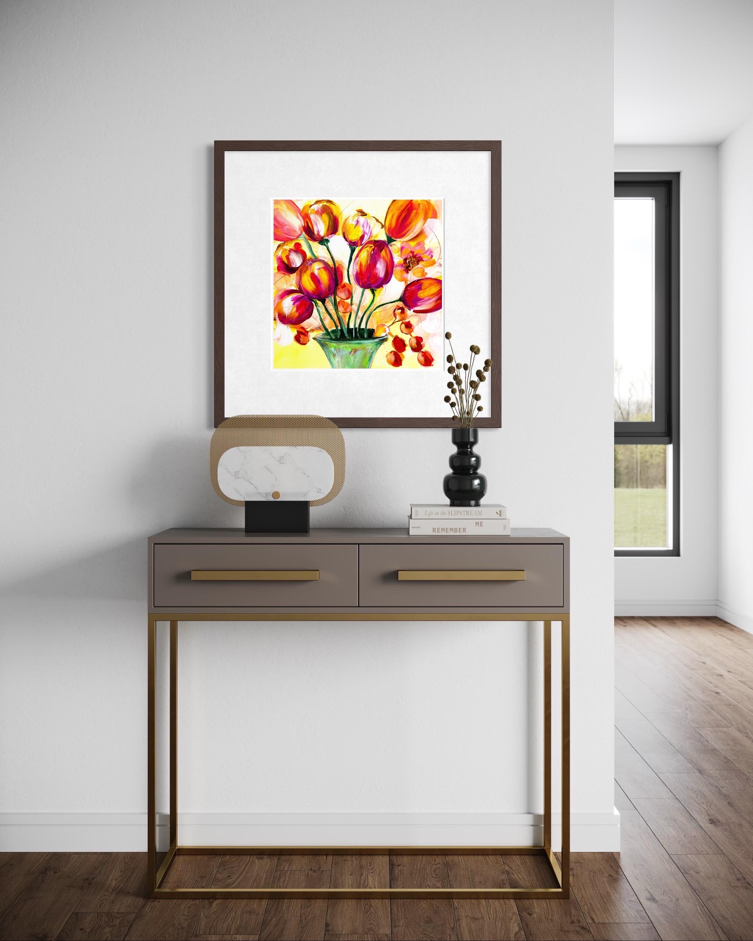 Flourish - Giclée su straccio, firmato, floreale, tulipano, colorato, rosso, arancione, giallo - Painting Contemporaneo di Michelle Thomas Artist