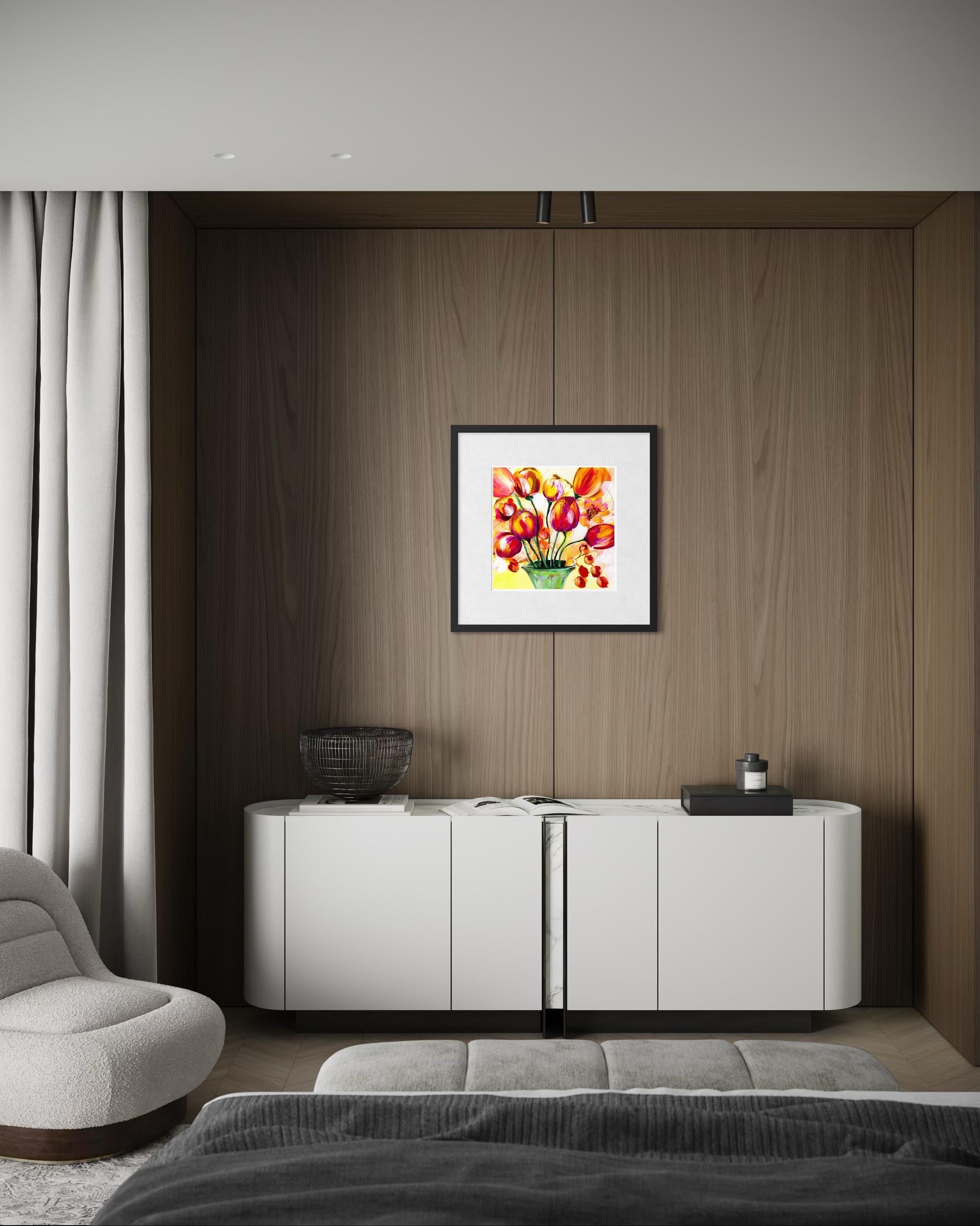 Flourish - Giclée su straccio, firmato, floreale, tulipano, colorato, rosso, arancione, giallo in vendita 1