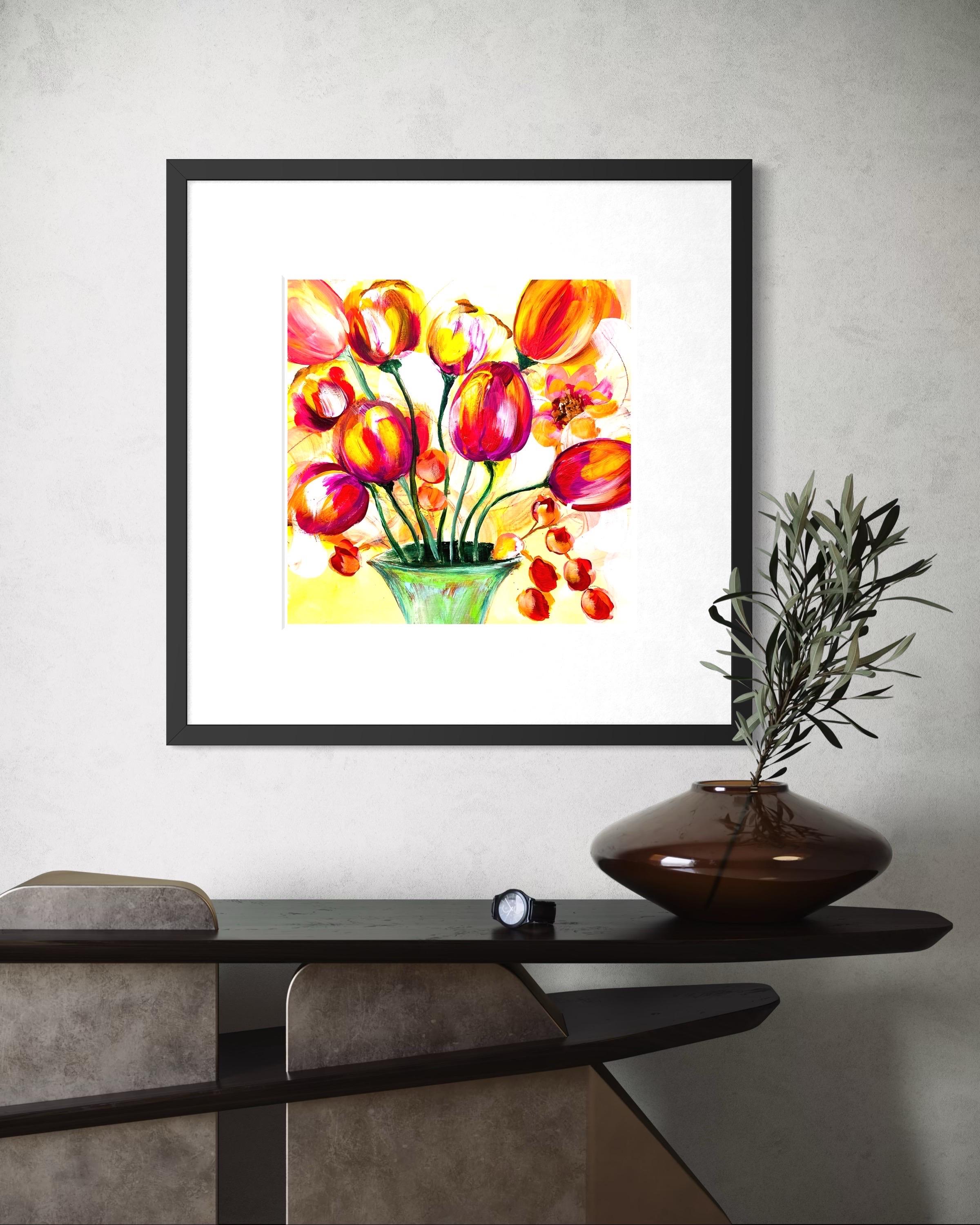 Flourish - Giclée su straccio, firmato, floreale, tulipano, colorato, rosso, arancione, giallo in vendita 3