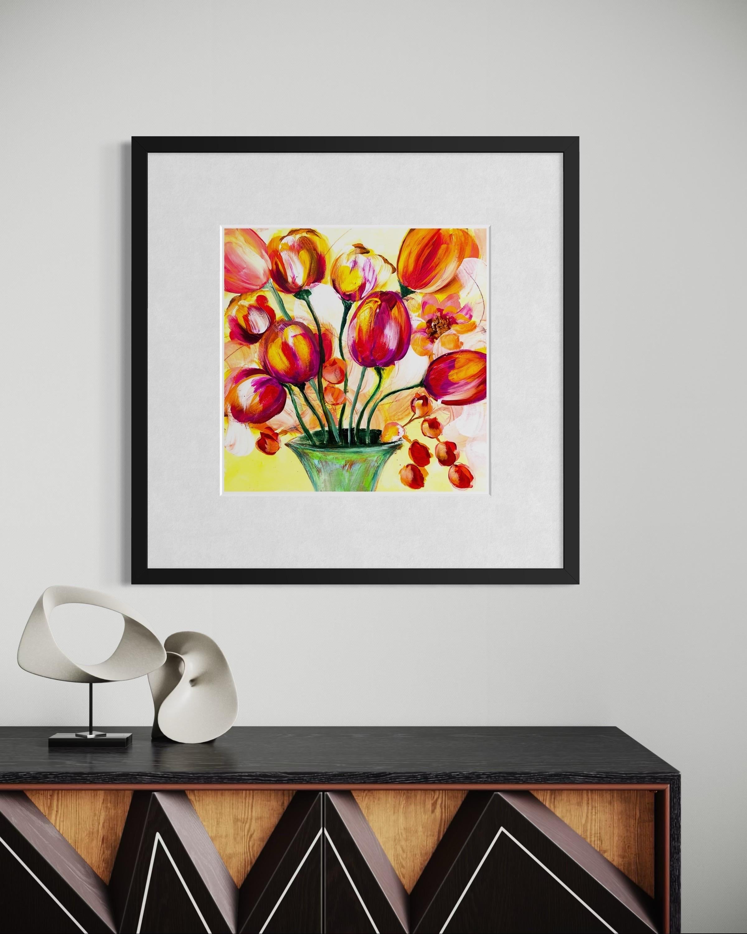 Flourish - Giclée su straccio, firmato, floreale, tulipano, colorato, rosso, arancione, giallo in vendita 4