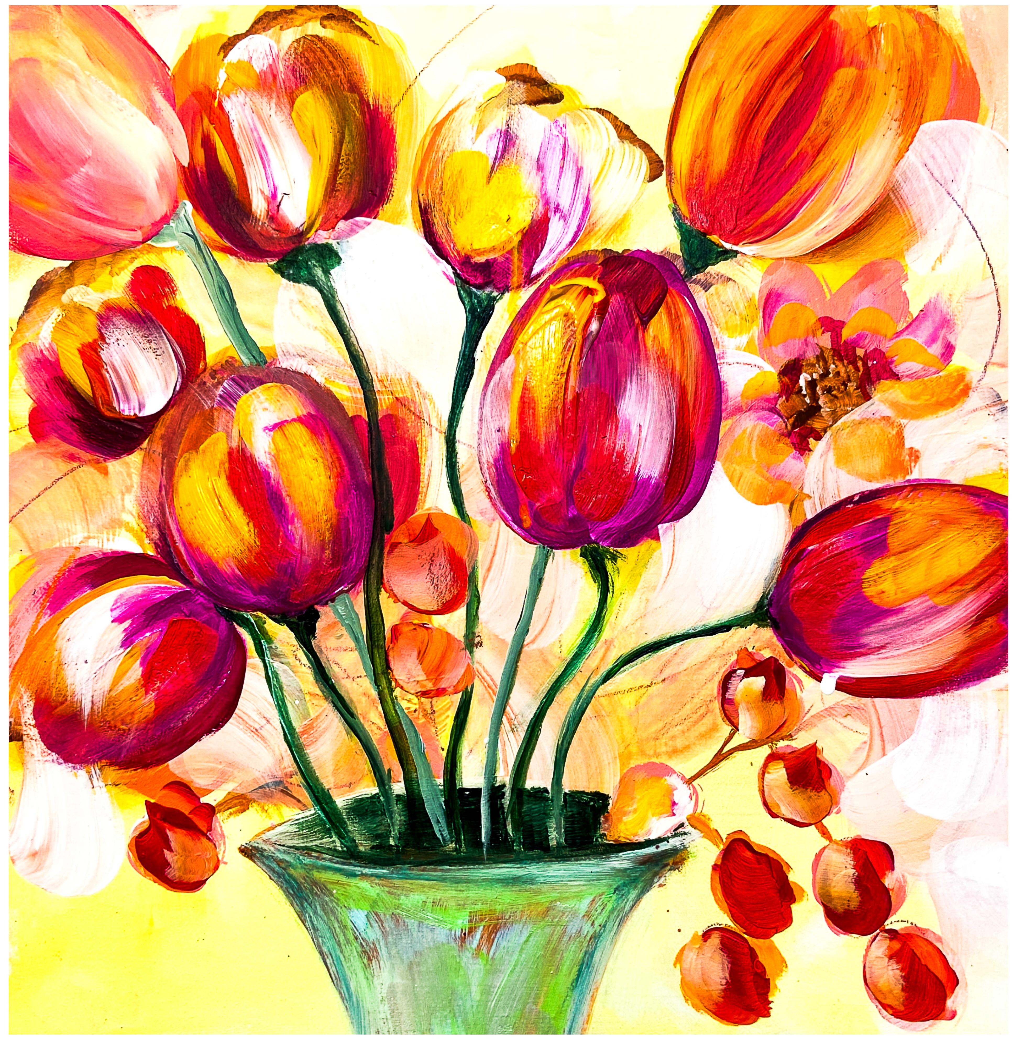 Abstract Painting di Michelle Thomas Artist - Flourish - Giclée su straccio, firmato, floreale, tulipano, colorato, rosso, arancione, giallo