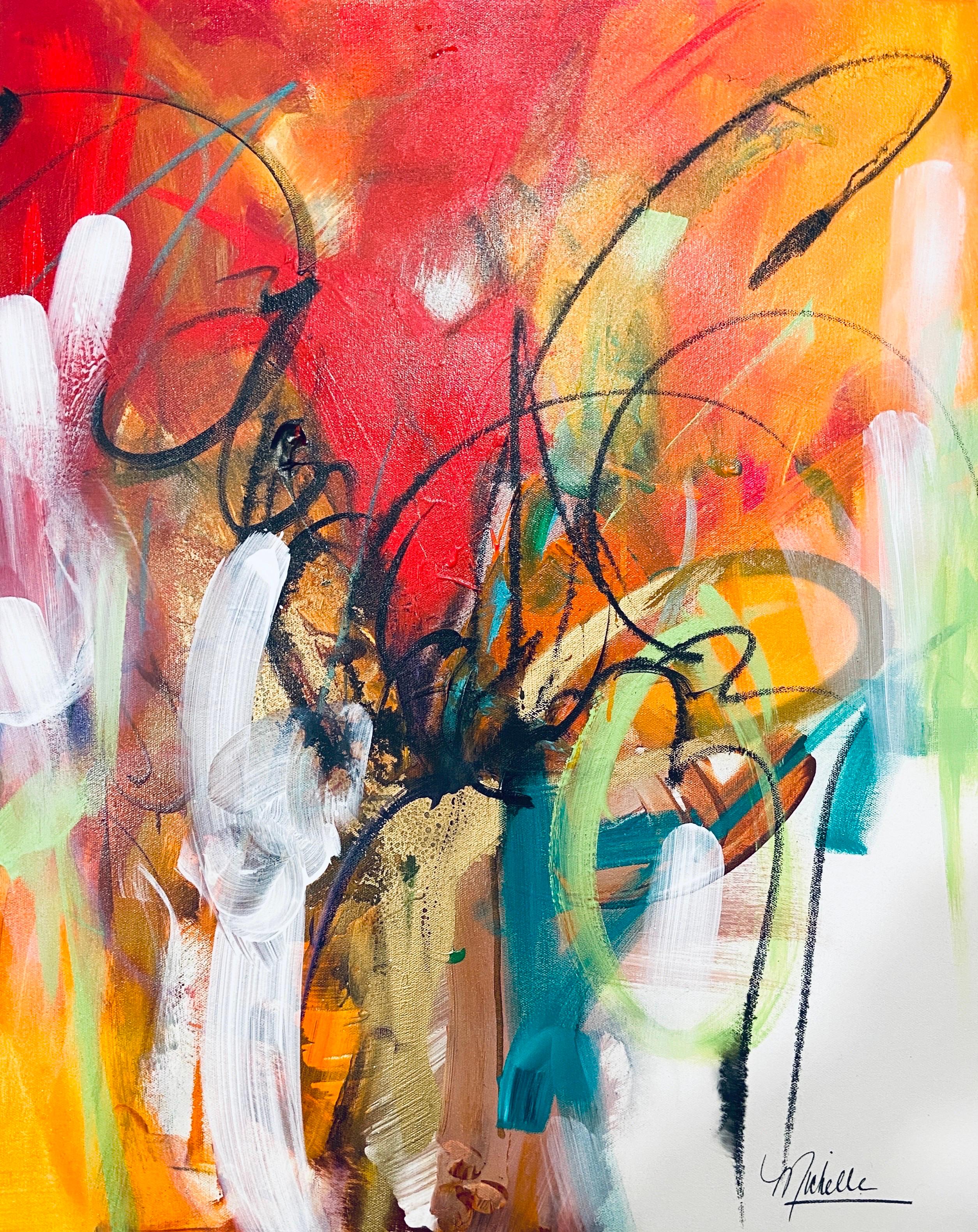 "Gal" - 2024, Rot, Grün, Teal, Gold, lebendig, blumig, abstrakt, feminin