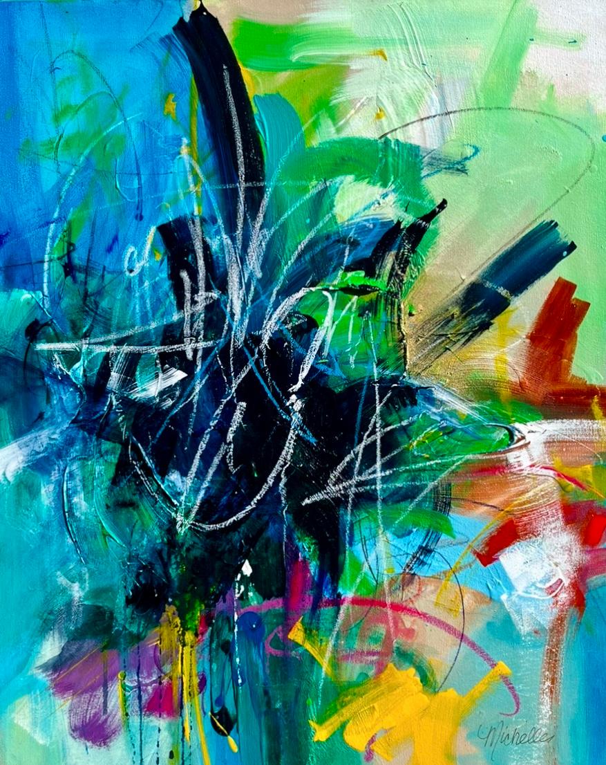 Abstract Painting di Michelle Thomas Artist - "Signora in blu" - Arte originale, struttura ricca, dettagli intricati, blu, 2025