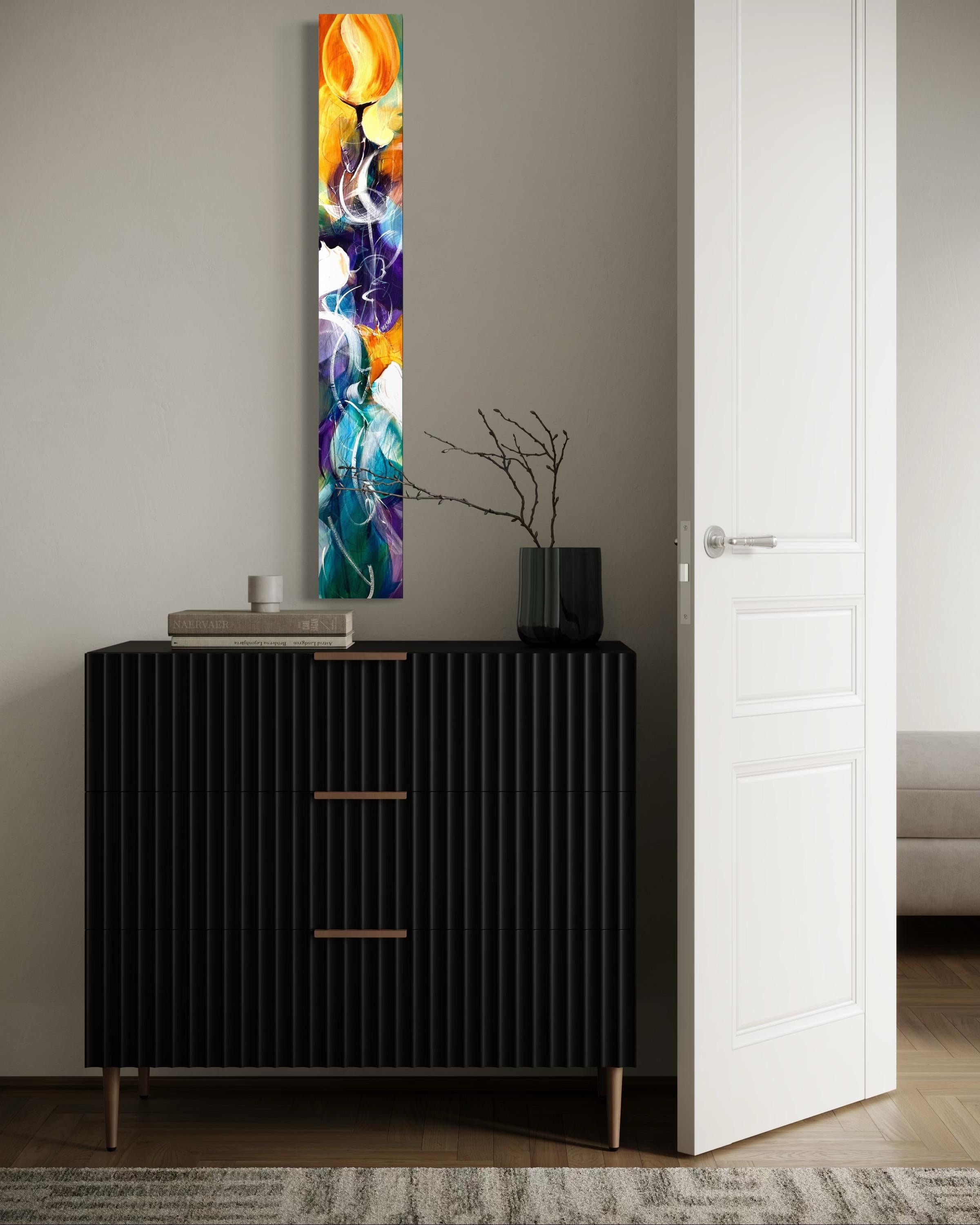 Longing - Parfait pour l'entrée, étroit, coloré, haut, sarcelle, jaune, lumineux - Contemporain Painting par Michelle Thomas Artist