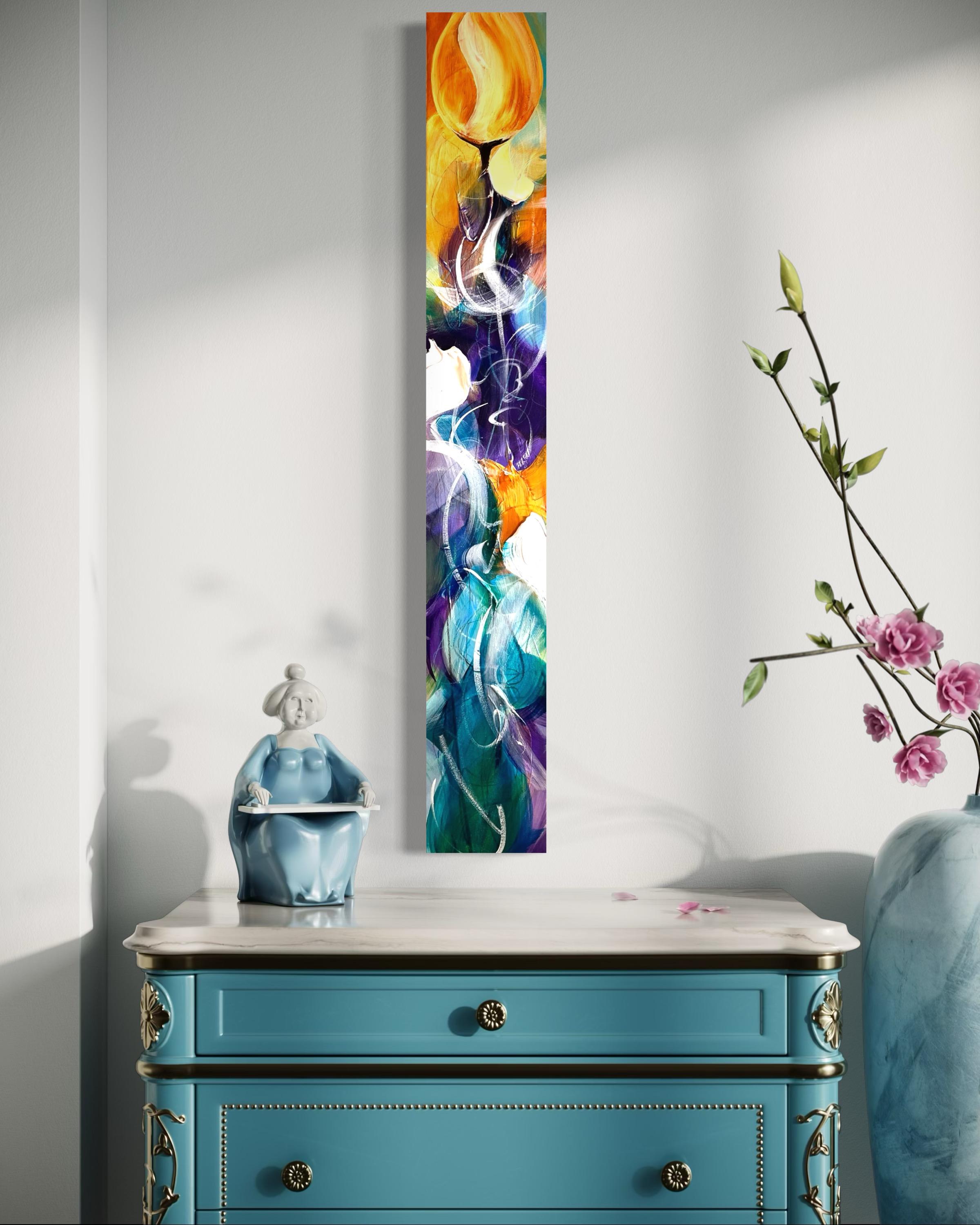 Longing - Parfait pour l'entrée, étroit, coloré, haut, sarcelle, jaune, lumineux - Gris Abstract Painting par Michelle Thomas Artist