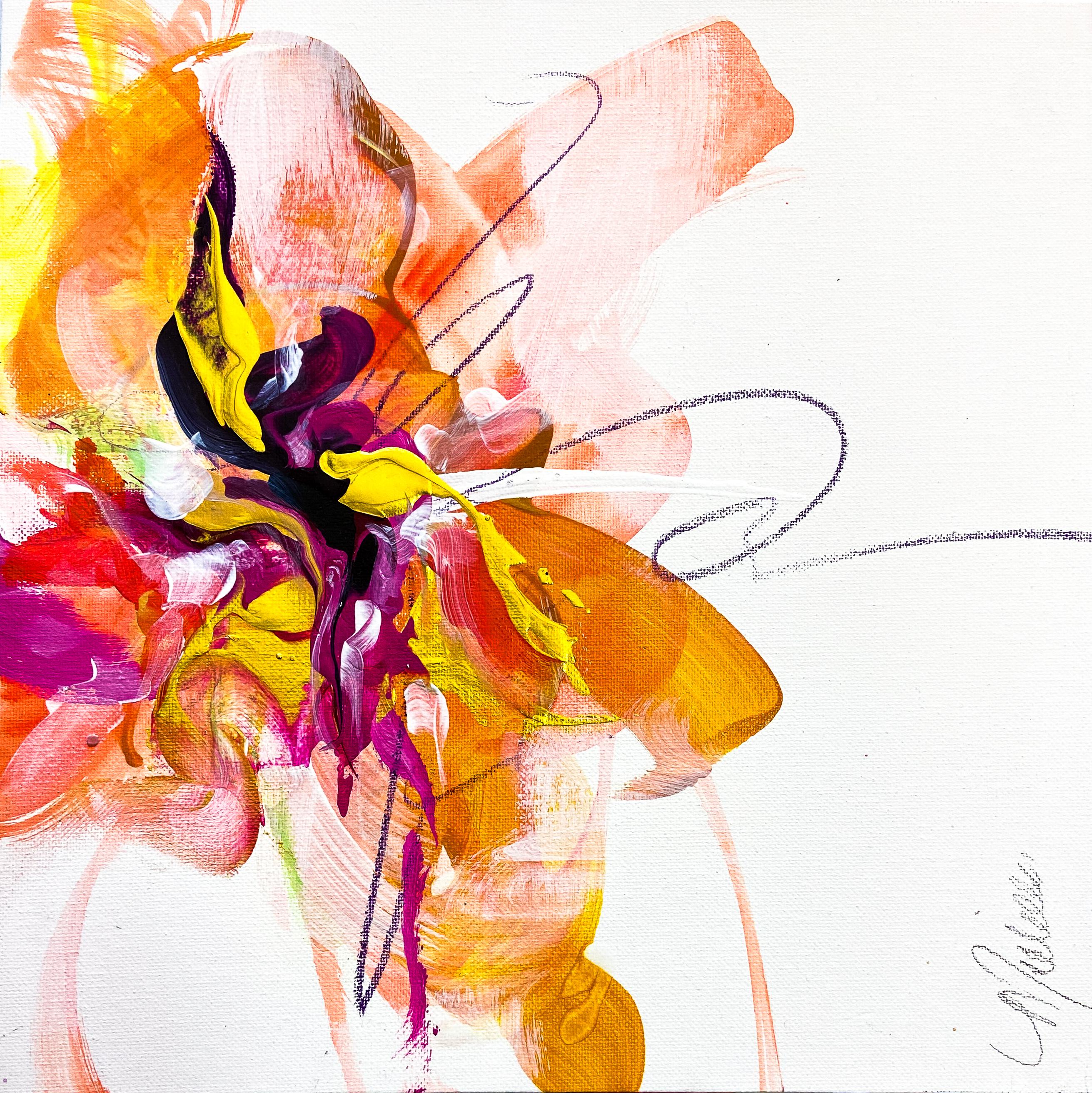 Michelle Thomas Artist Interior Painting - "Que Linda" -  Abstract, Emotional, Modern, Floral, Warm Yellow, Magenta, Gold