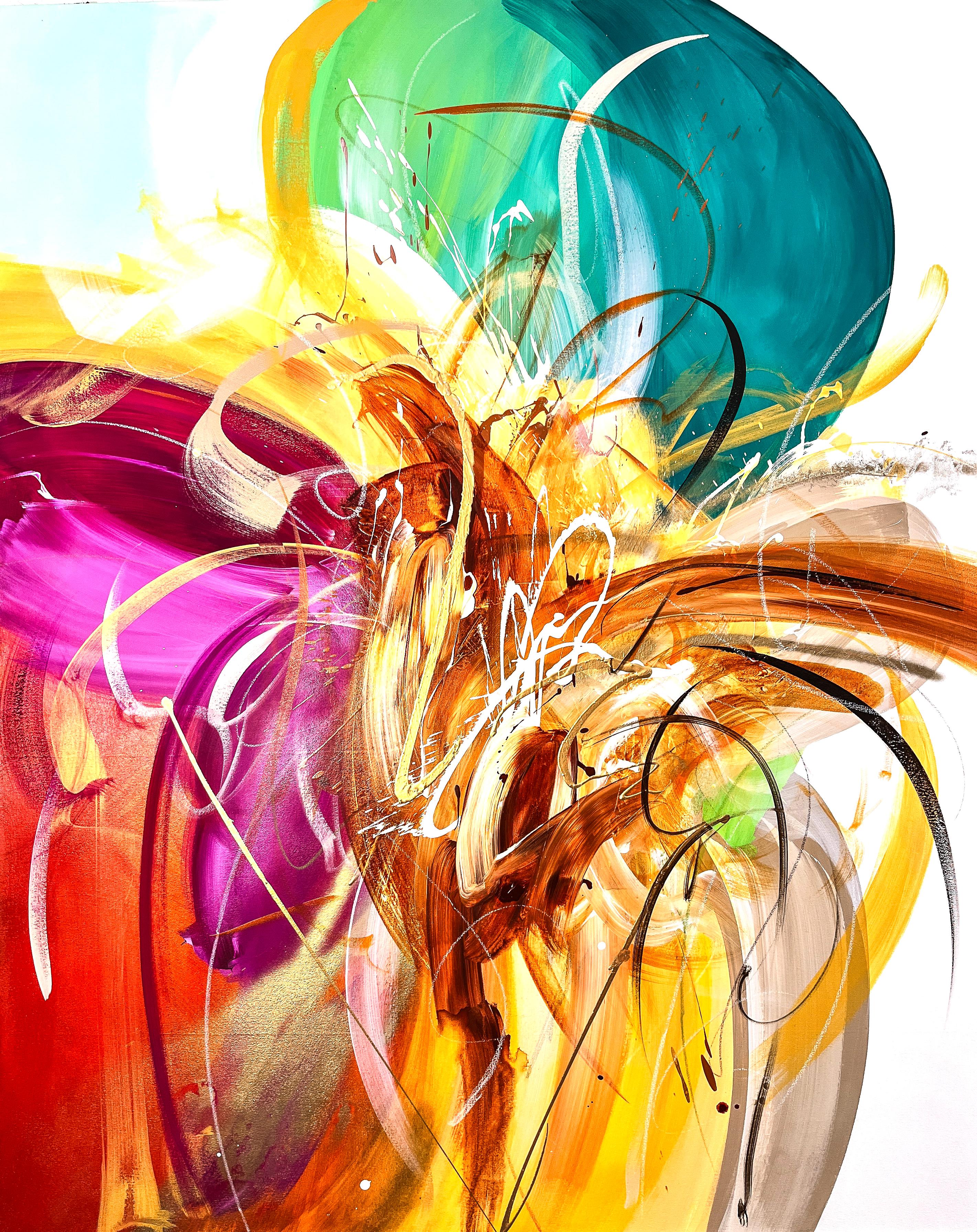 “Somewhere Over The Rainbow” is a vibrant, high-energy original abstract painting that celebrates joy, movement, and emotional elevation. Bursting with luminous color and expressive momentum, this work feels like a visual crescendo—where intuition,