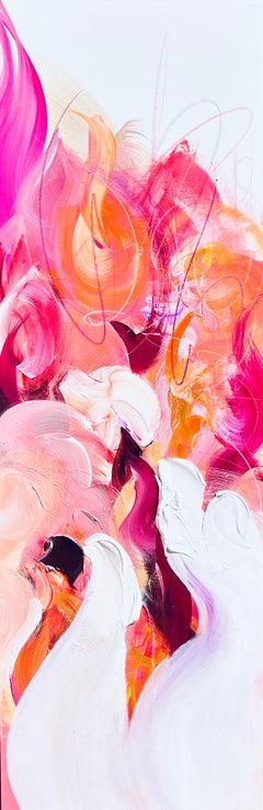 "La couleur d'un baiser", richement texturé, palette de roses, blanc, chamois, beige, floral.