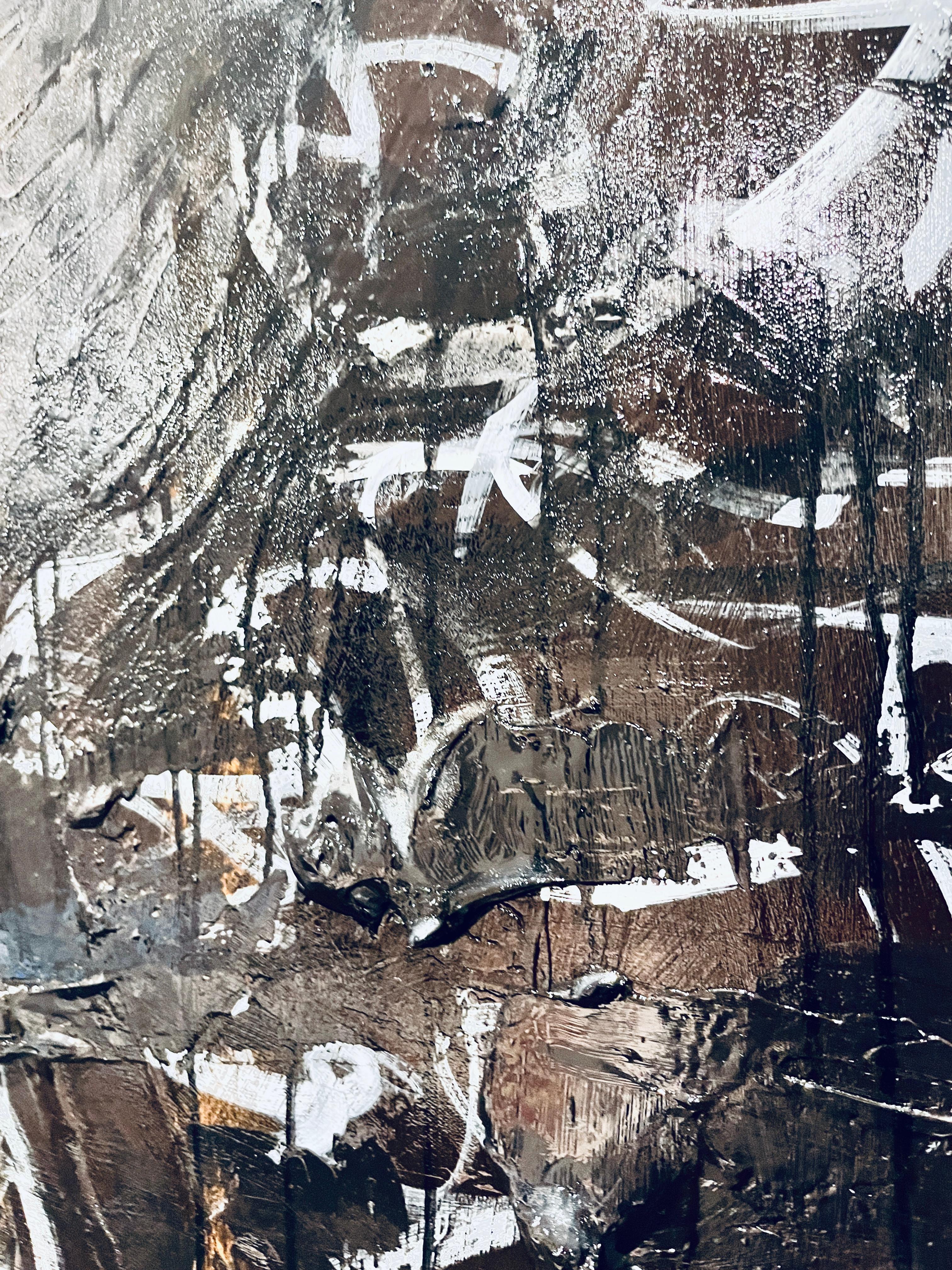 Unvollendete Gedanken - Schwarz, Strukturiert, Journal, Graffiti, Straße, Weiß, Grau – Painting von Michelle Thomas Artist