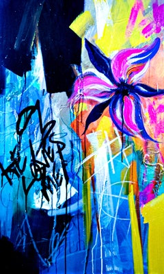 Urban Bloomscape - Blue, Floral, Yellow, Street, Fun, Modern, Contemporary