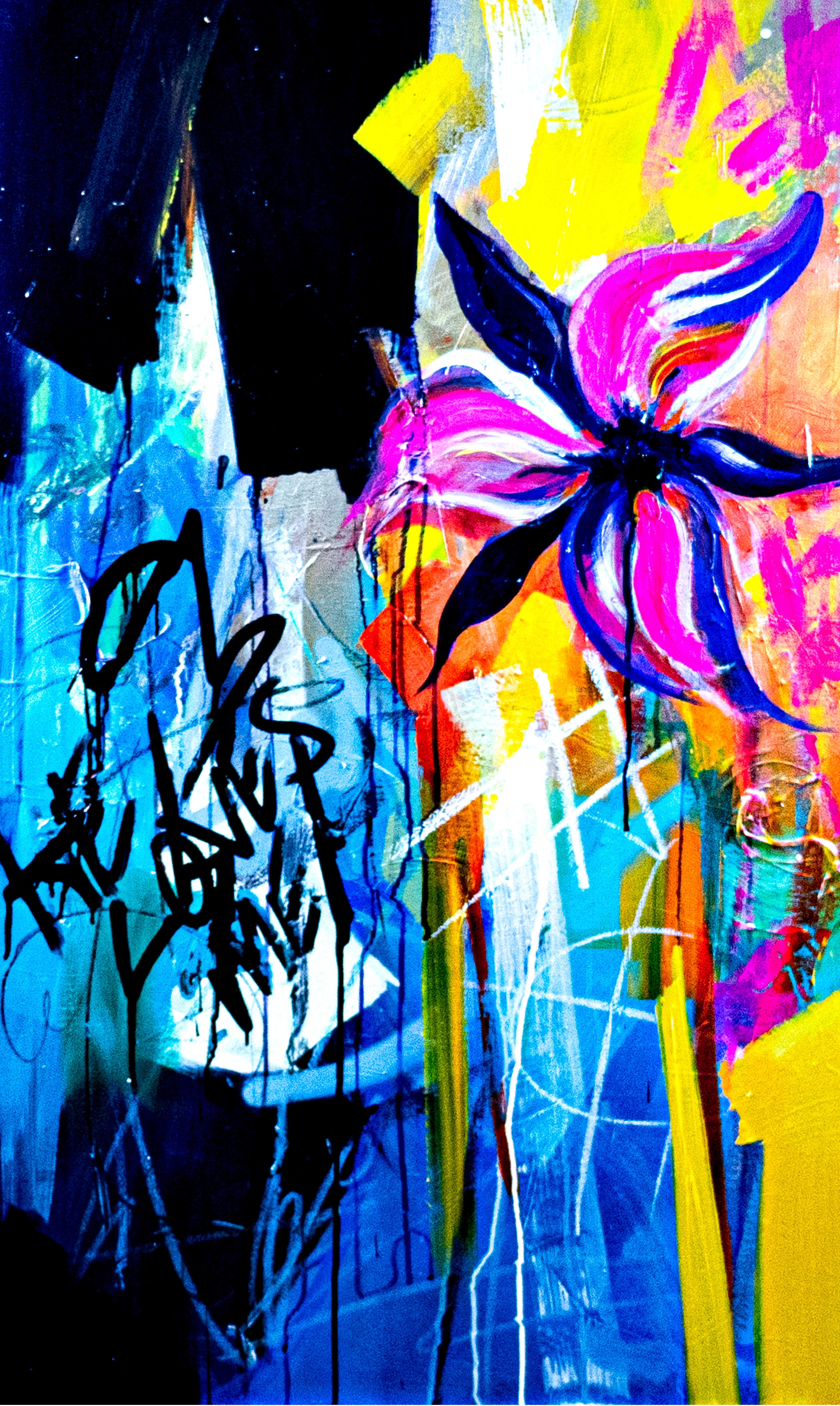 Michelle Thomas Artist Abstract Painting – Urban Bloomscape - Blau, Floral, Gelb, Straße, Spaß, Modern, Contemporary
