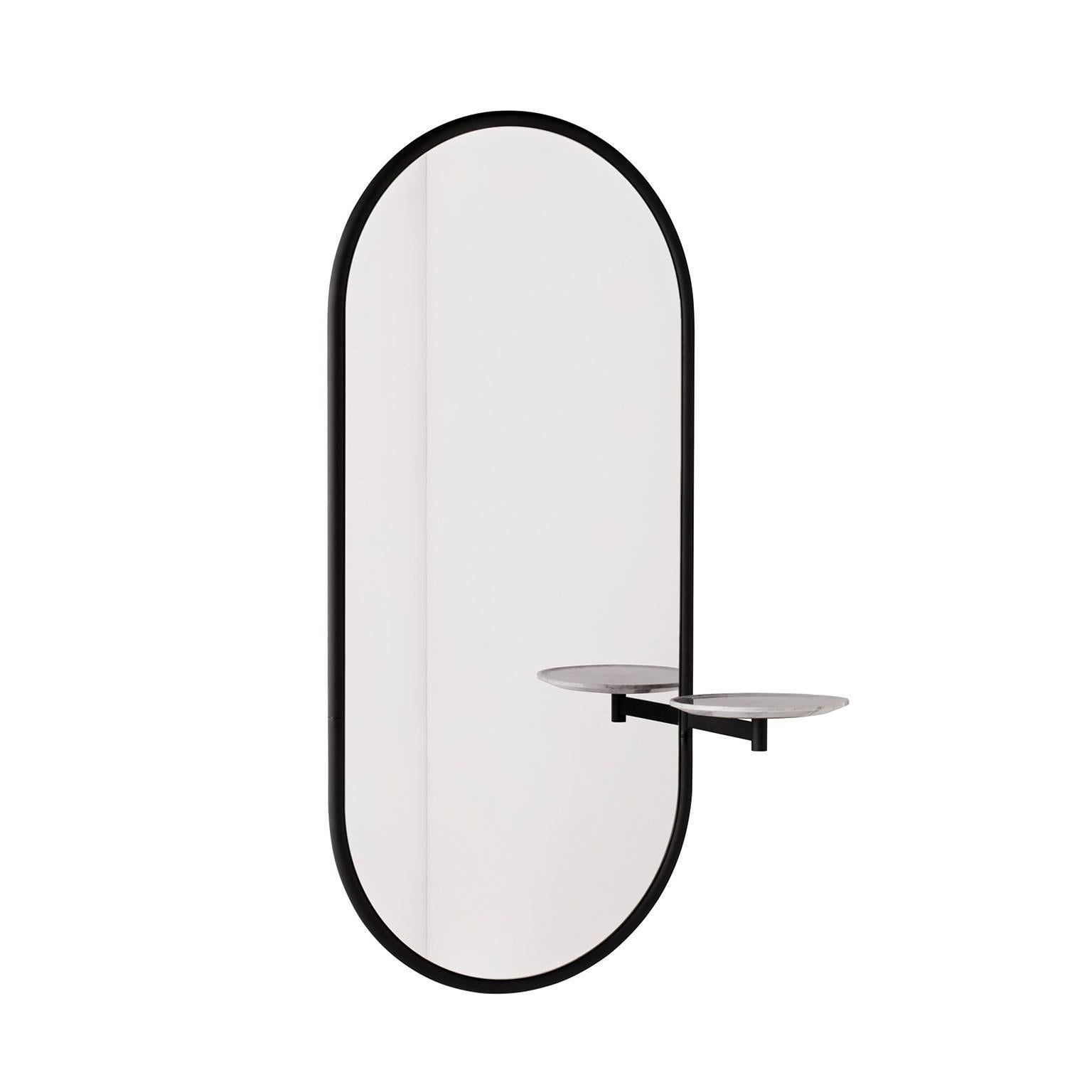 A family of mirrors featuring a sophisticated blend of materials including steel, smoked mirror and marble. Michelle is gracefully drawn from a tubular frame and embellished with a series of marble trays that make it the perfect valet.

Tray: Nero