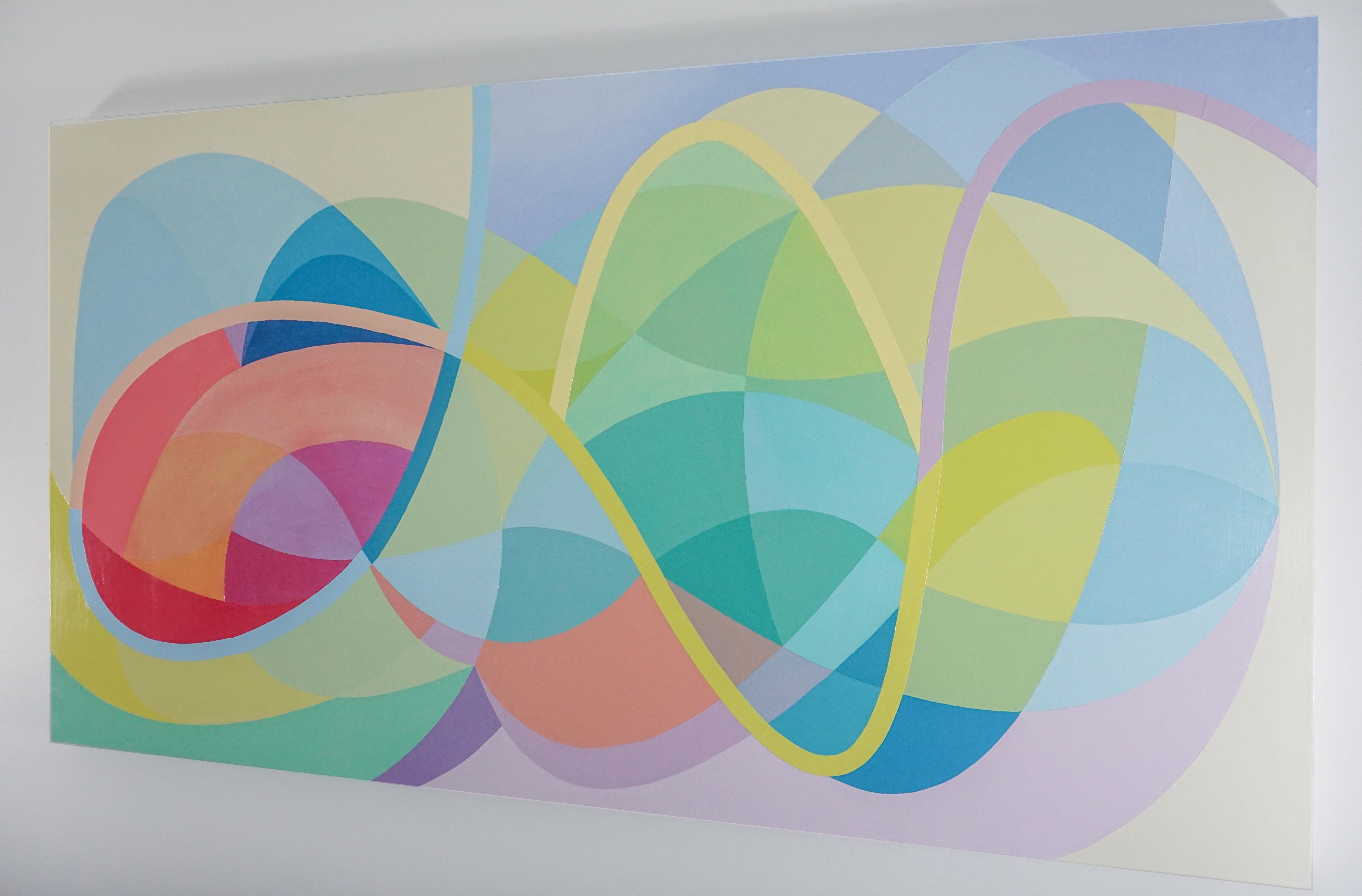 In this painting, Michelle Weddle utilizes line, color, and form to create a work which acts at the balance between the nonobjective and representational. Using looping, wavy lines surrounded by a rainbow of pastel colors, she is able to evoke a