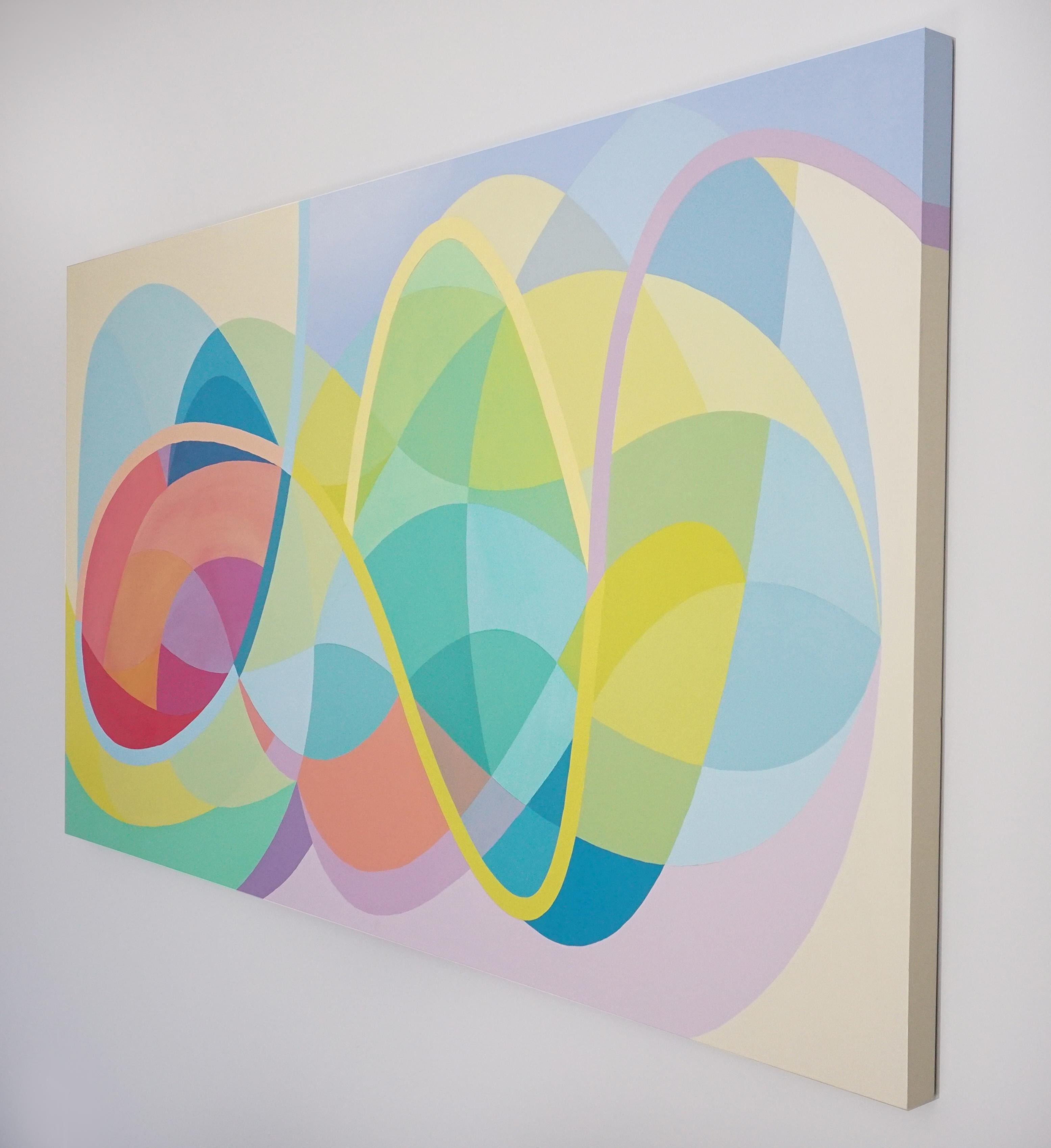En este cuadro, Michelle Weddle utiliza la línea, el color y la forma para crear una obra que actúa en el equilibrio entre lo no objetivo y lo representativo. Utilizando líneas onduladas en bucle rodeadas de un arco iris de colores pastel, es capaz