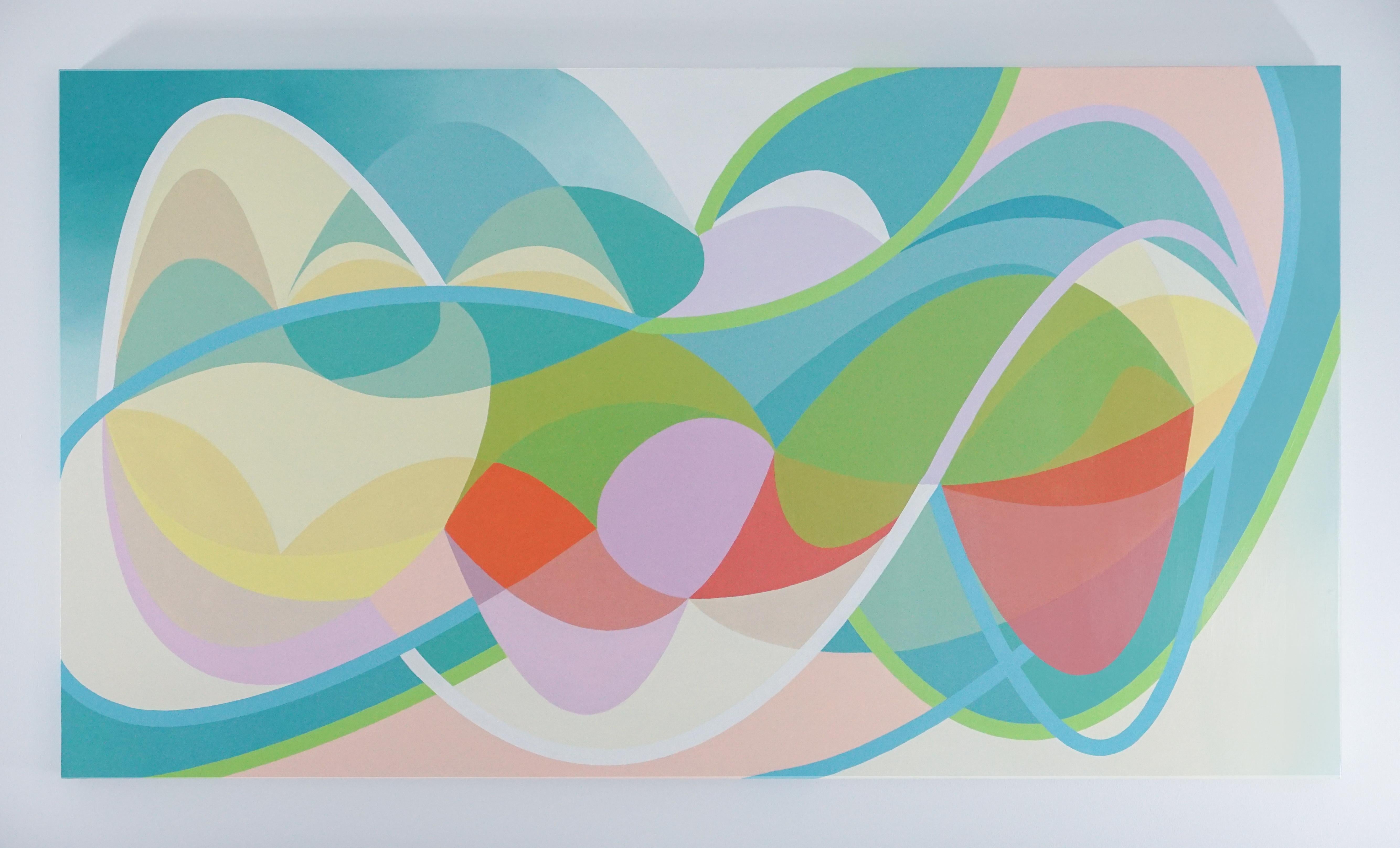 In this painting, Michelle Weddle utilizes line, color, and form to create a work which acts at the balance between the nonobjective and representational. Primarily using earth shades of pastel greens and blues, which loop elliptically around a