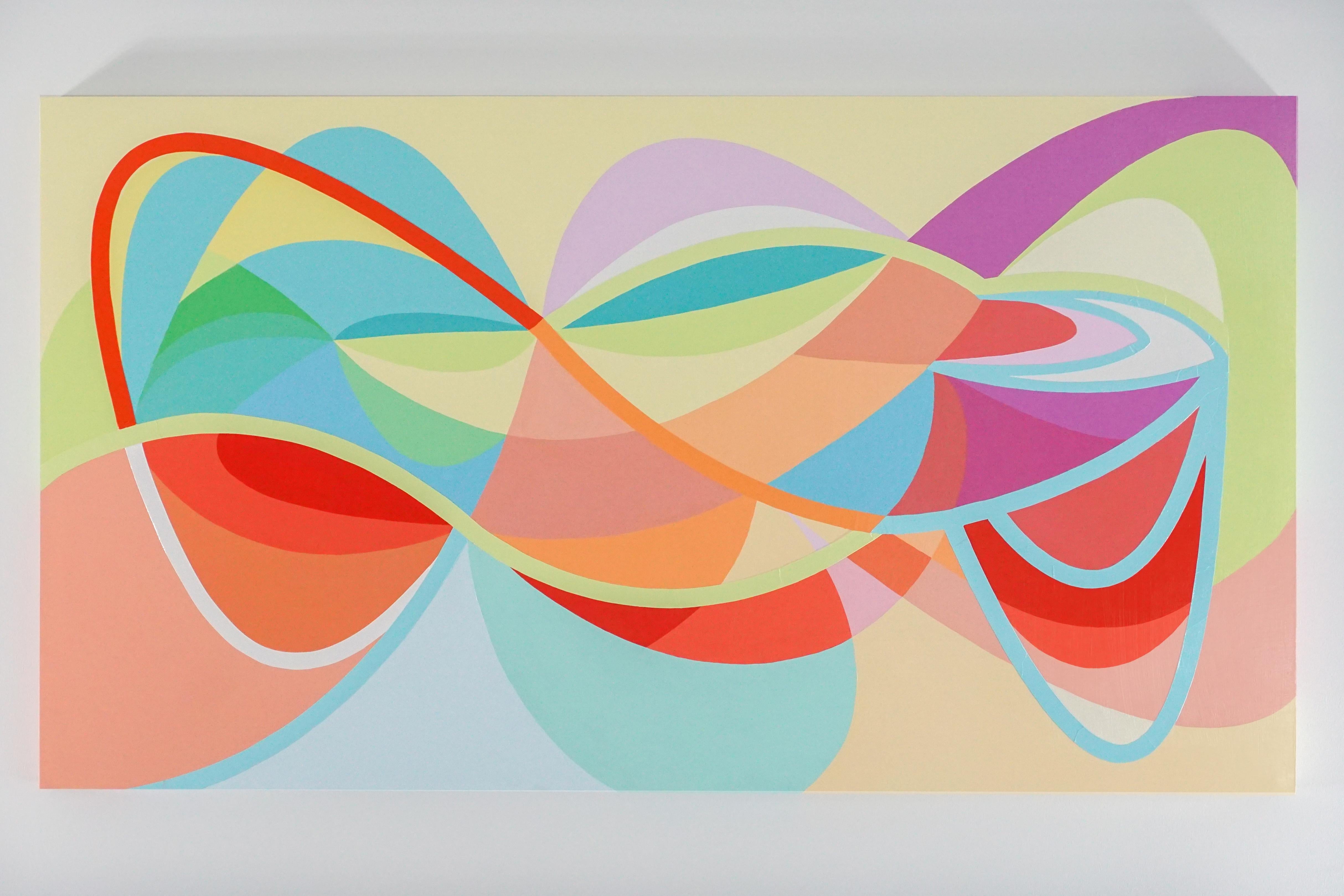 In this painting, Michelle Weddle utilizes line, color, and form to create a work which acts at the balance between the nonobjective and representational. Using a variety of bright, pastel colors in a wavy, photon-like shape, she expresses an