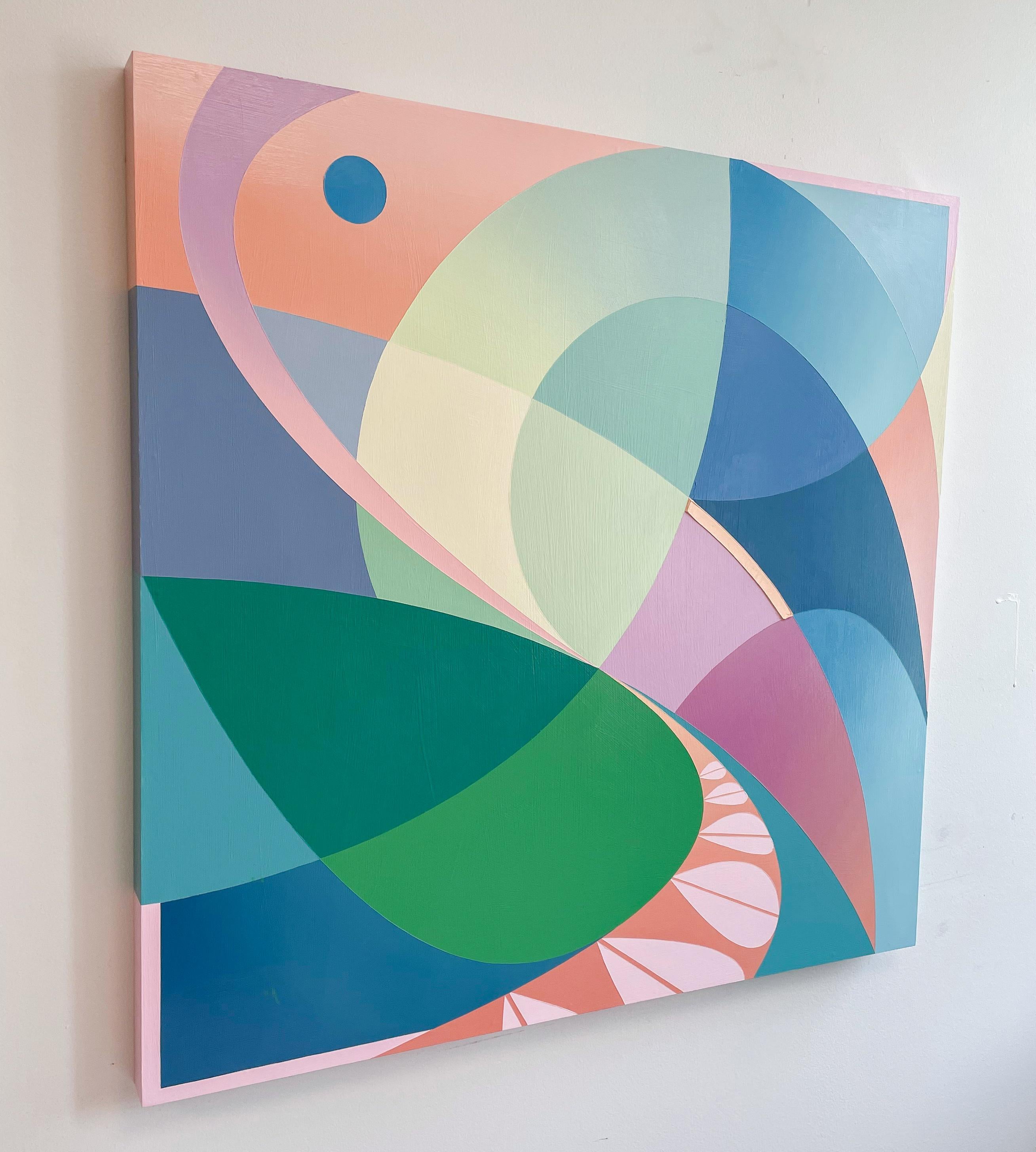 In this work, Michelle Weddle utilizes line, color, and form to create a painting which acts at the balance between the nonobjective and representational. Using darker, more varied colors with looping, seedlike shapes, she expresses an experience of