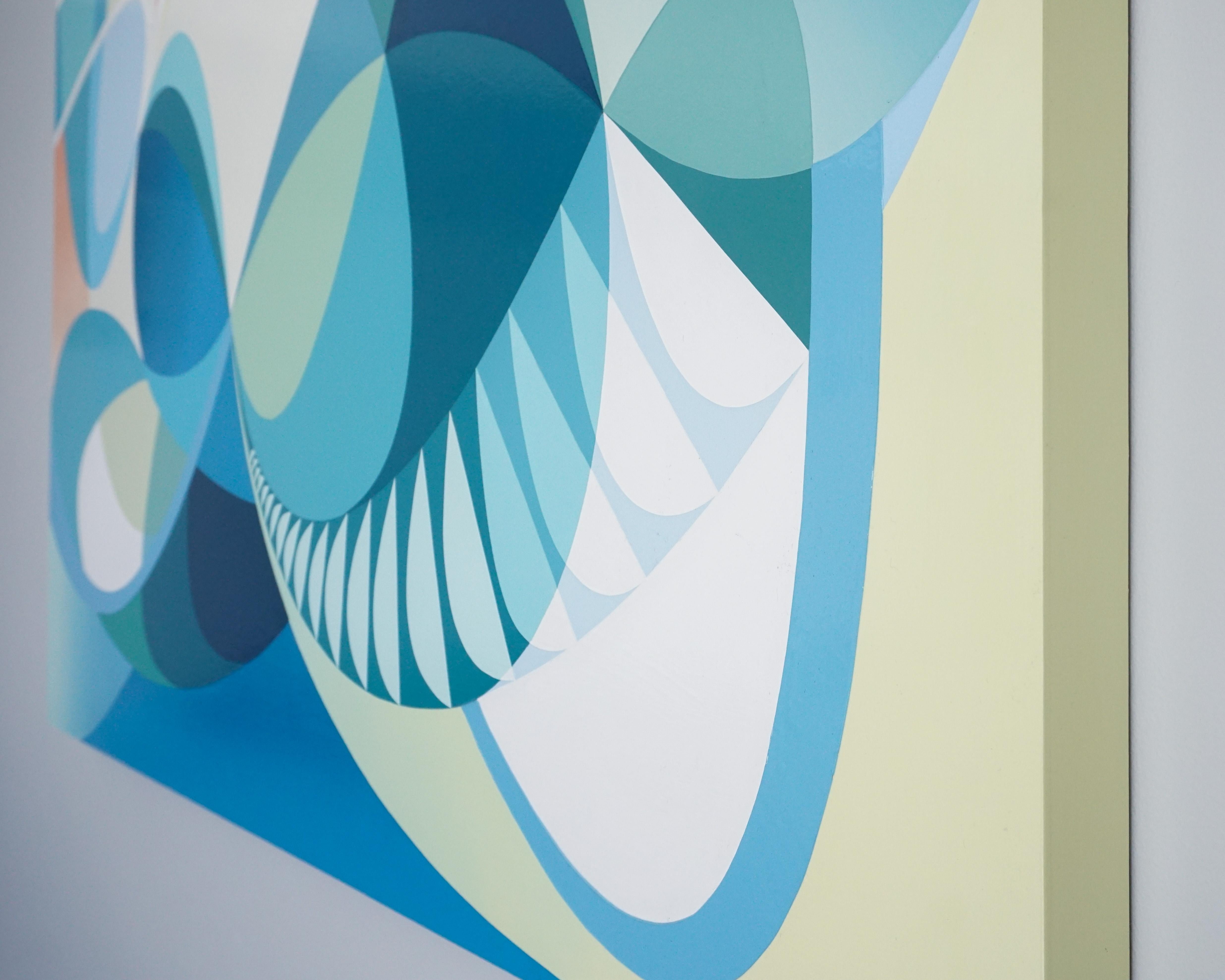 In this work, Michelle Weddle utilizes line, color, and form to create a painting which acts at the balance between the nonobjective and representational. Using shades of blues, pinks, and oranges in looping shapes, she intuitively expresses an