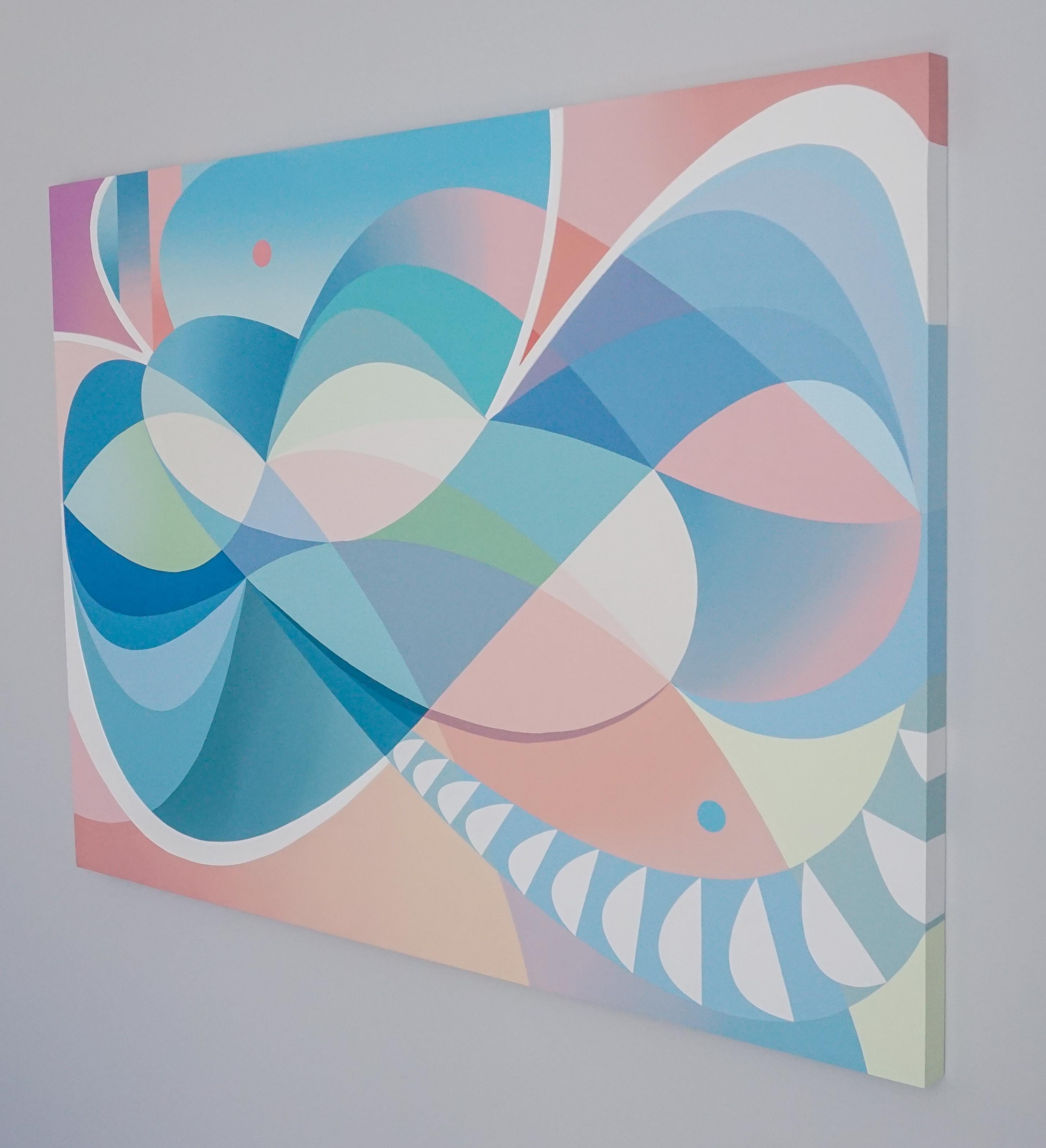 In this work, Michelle Weddle utilizes line, color, and form to create a painting which acts at the balance between the nonobjective and the representational. Using pastel pinks and blues in a looping, organic (though flat) pattern, she is able to