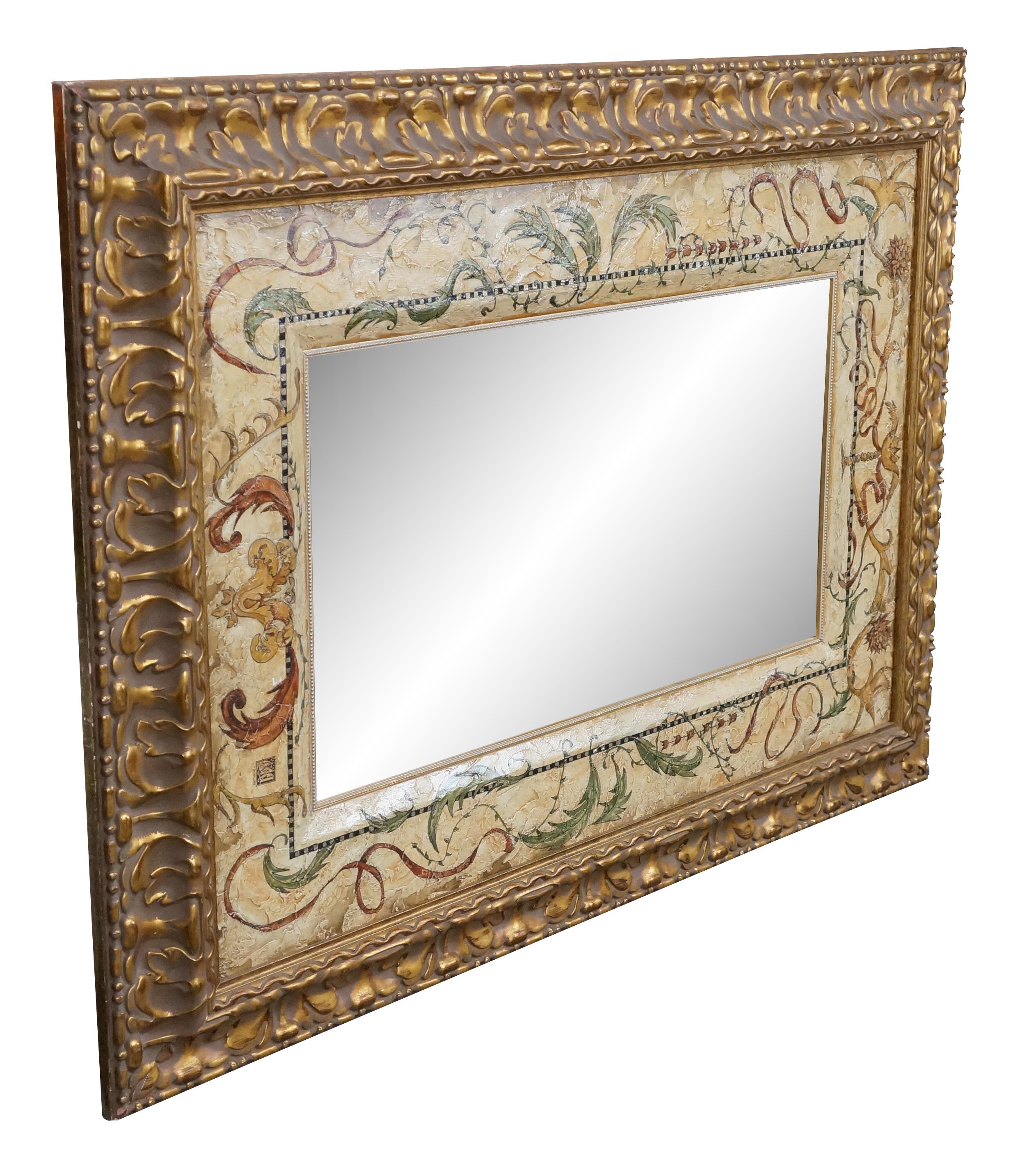 Michelle Woolley hand painted custom made mirror.  Features a blend of Chinoiserie and Florentine styling.  The rectangular beveled glass is surrounded by a painted motif of foliate and framed in a gold finished acanthus leaf frame. 