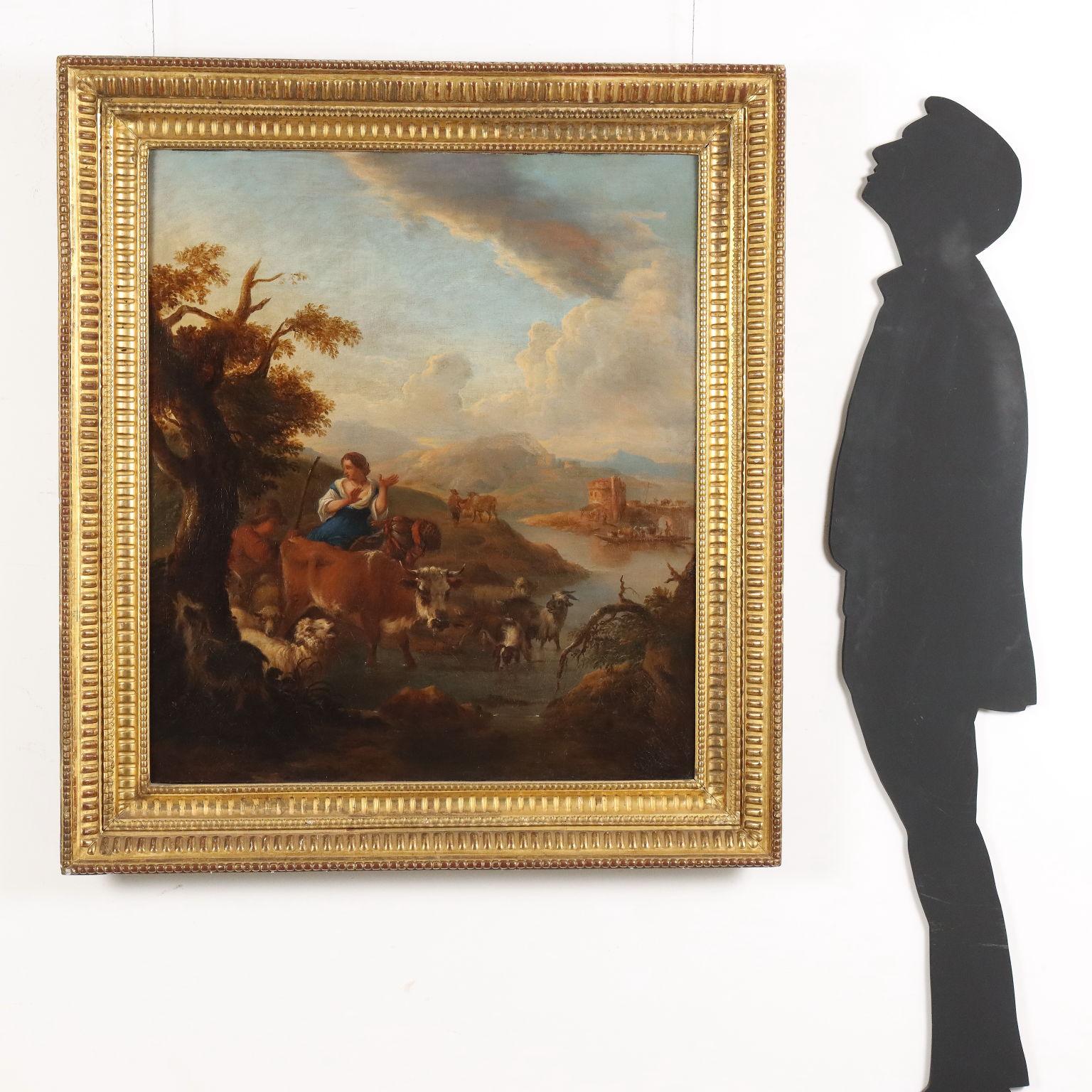 Landscape with Shepherds and Herds 18th century - Painting by Michiel Carree