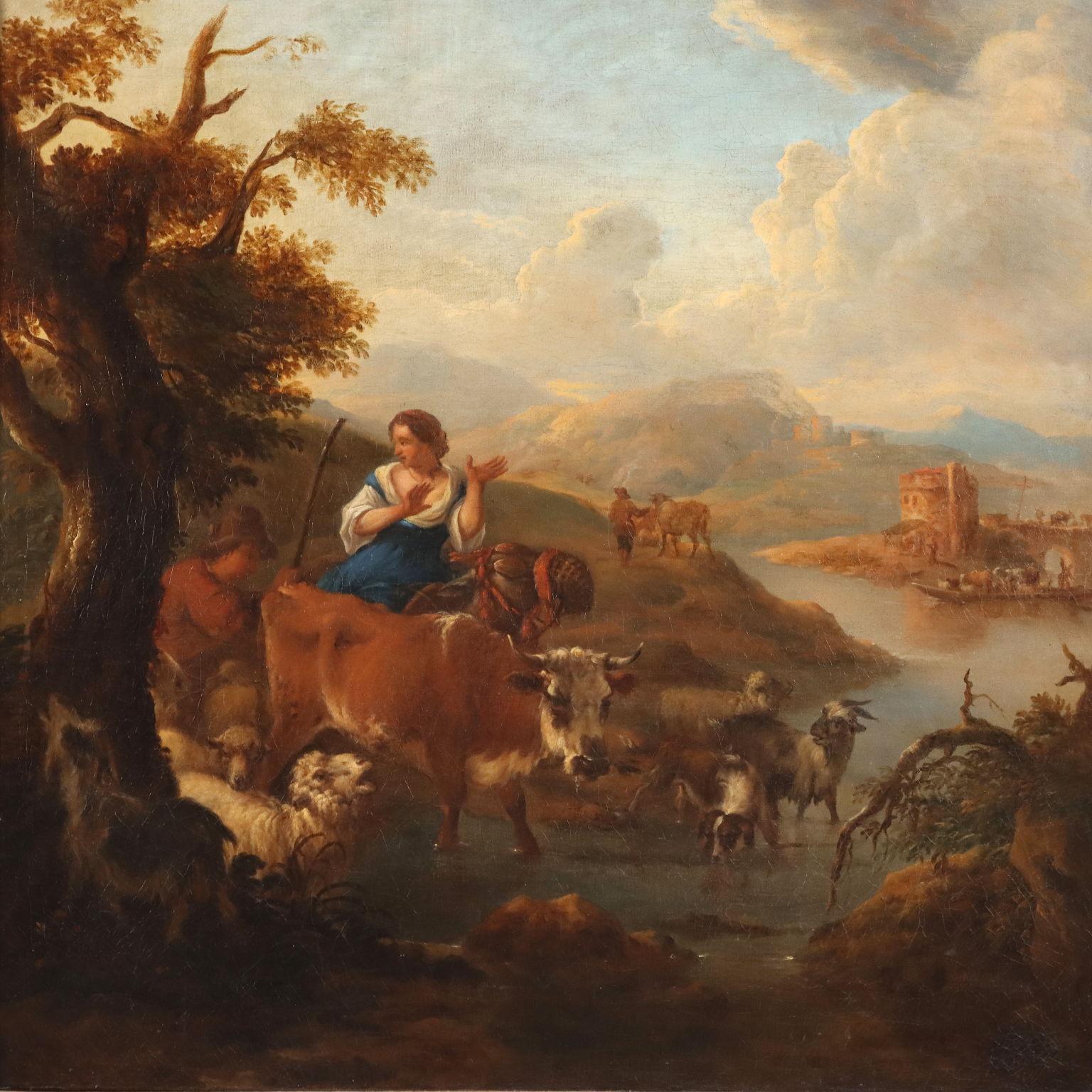 Landscape with Shepherds and Herds 18th century - Other Art Style Painting by Michiel Carree