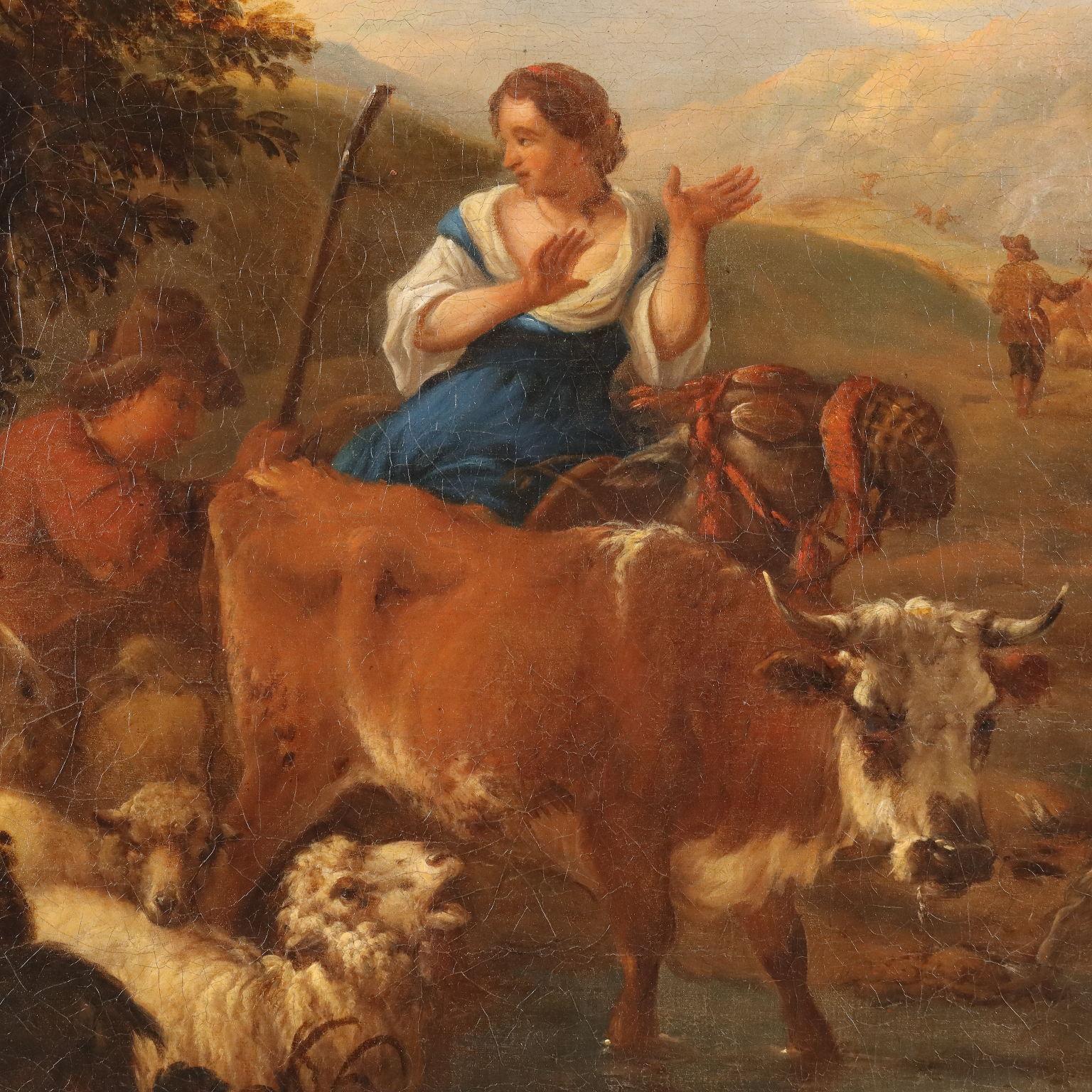 Landscape with Shepherds and Herds 18th century - Brown Landscape Painting by Michiel Carree
