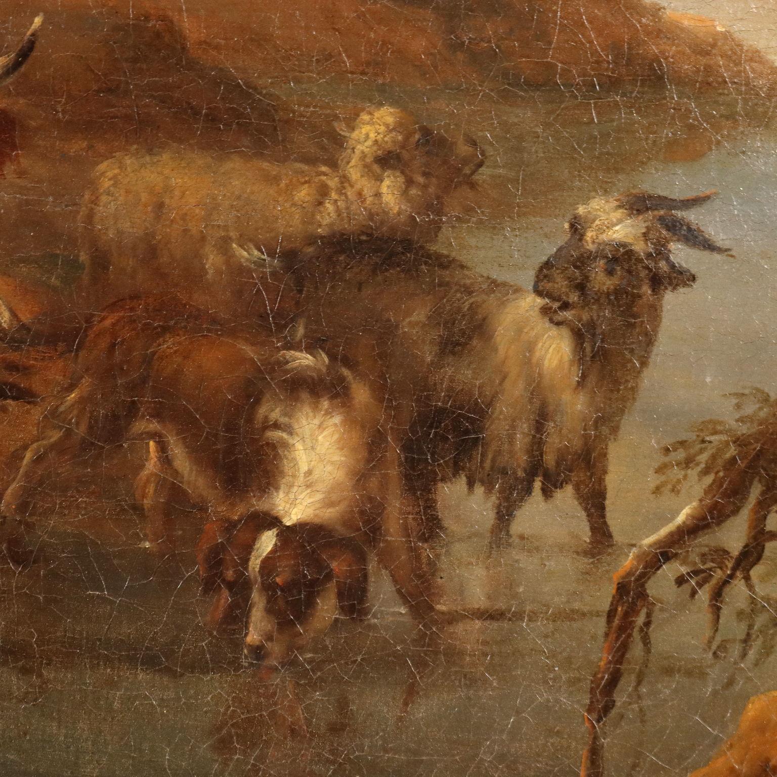 Oil on Canvas. Signed lower right.
Set in a beautiful classical landscape of verdant hills overlooking a waterway, a stream in the foreground that later becomes a wide river in the distance, are the figures of a shepherd and a shepherdess leading