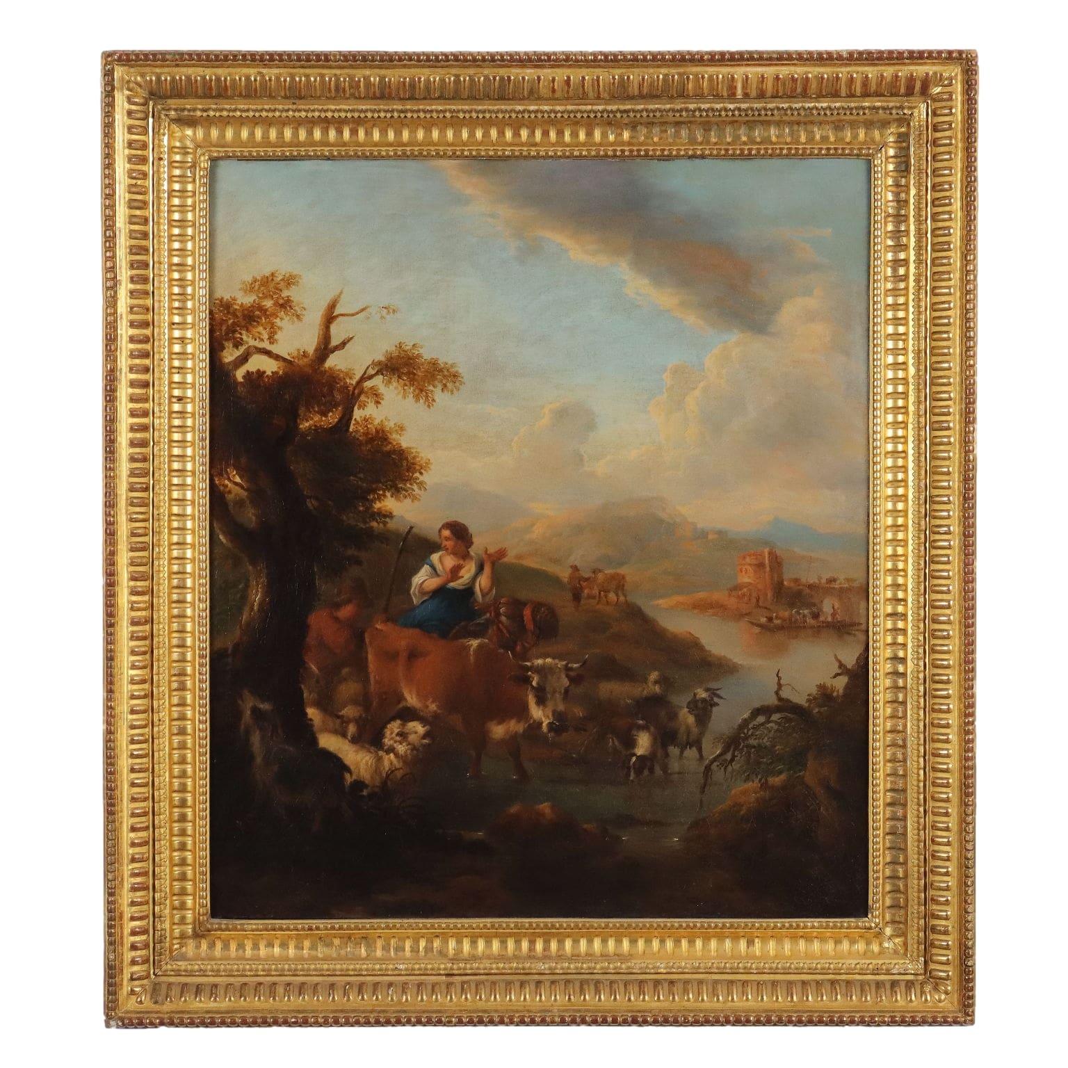 Michiel Carree Landscape Painting - Landscape with Shepherds and Herds 18th century