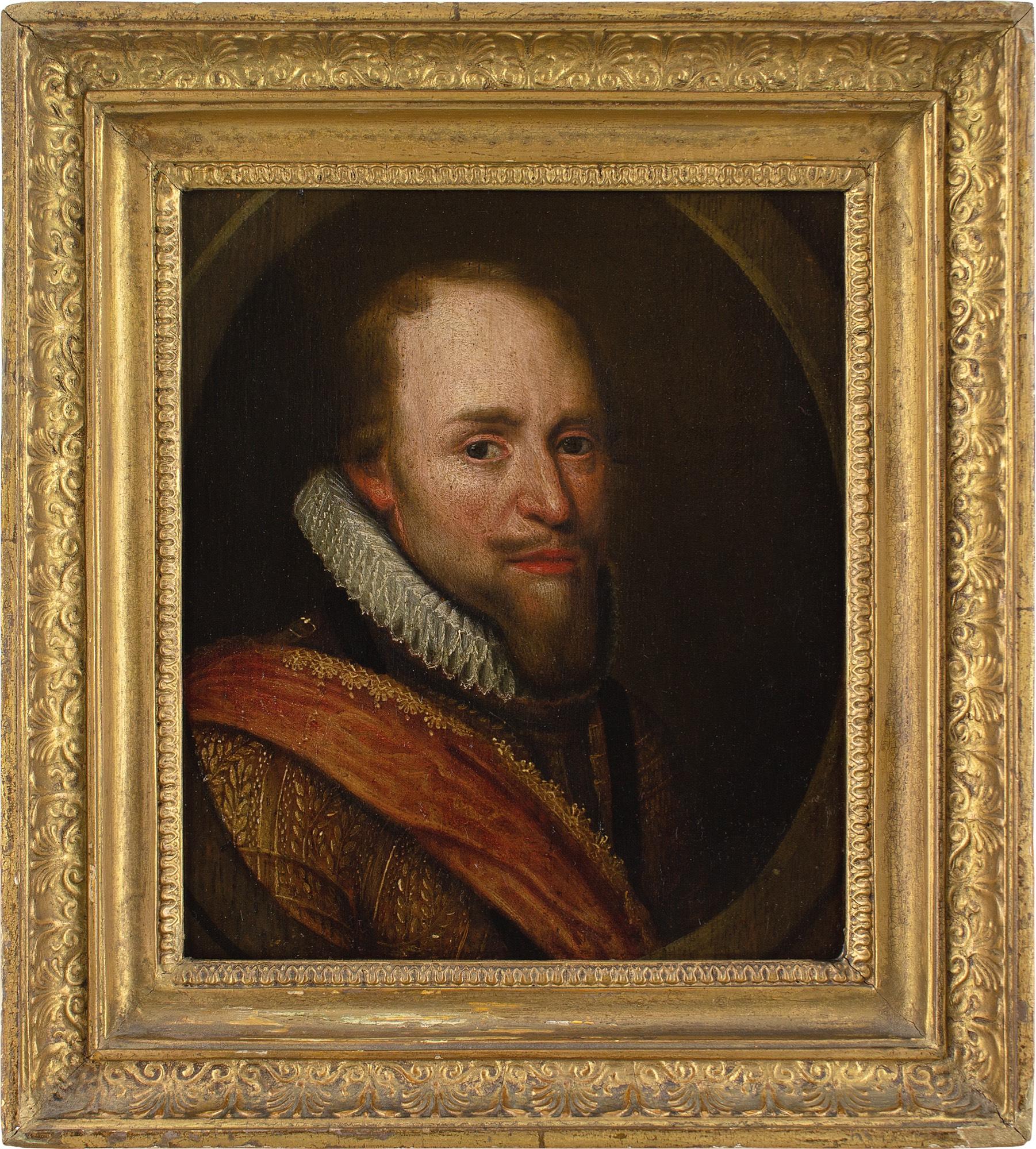 This early to mid-17th-century oil on panel depicts Maurice of Nassau (1567-1625), Prince of Orange. It’s a bust-length portrait, presented in a feigned oval, after a full length by Dutch artist Michiel Jansz. van Mierevelt (1567-1641).

Maurice of