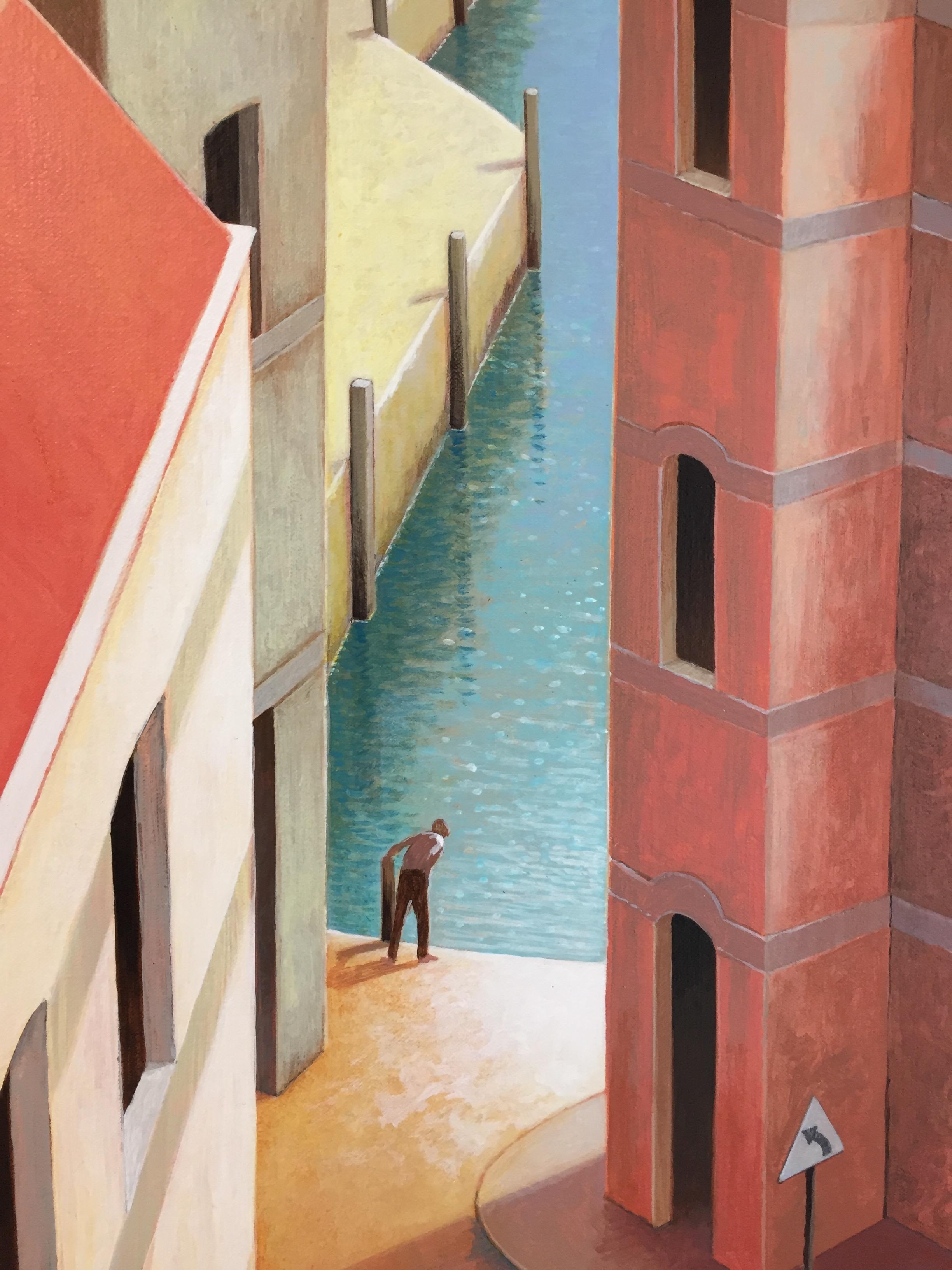 Un après-midi chaud - 21e siècle, peinture contemporaine d'un port méditerranéen  - Painting de Michiel Schrijver