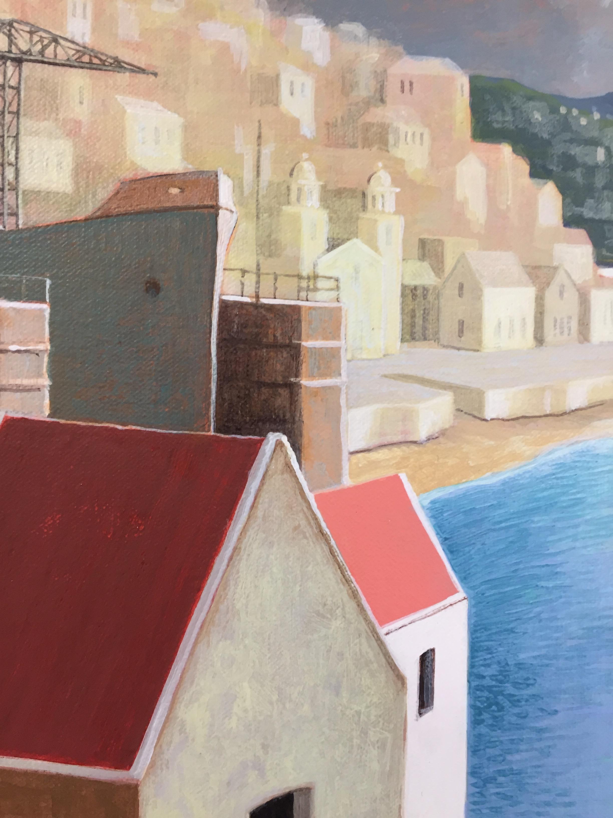Un après-midi chaud - 21e siècle, peinture contemporaine d'un port méditerranéen  - Contemporain Painting par Michiel Schrijver