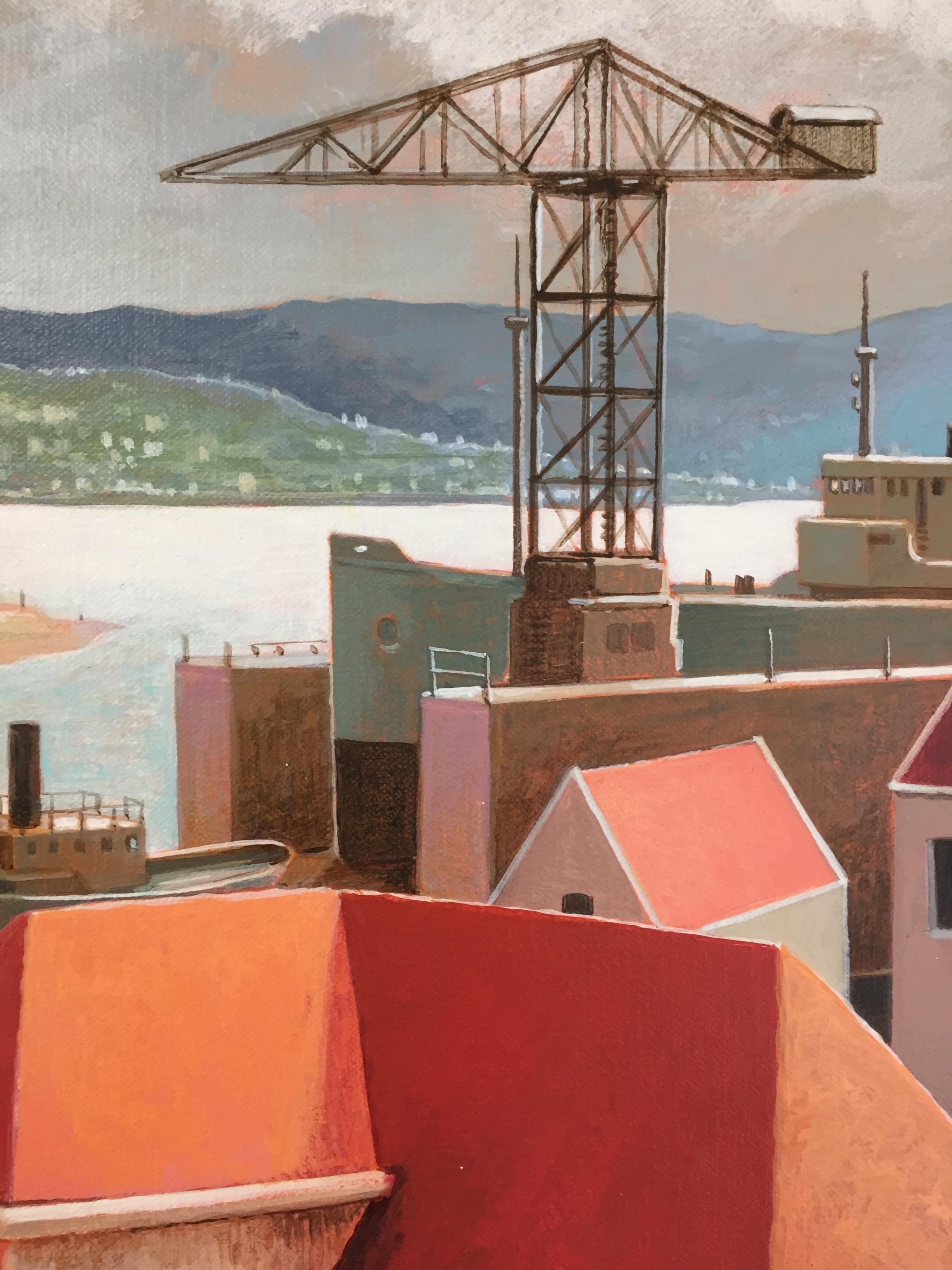 Un après-midi chaud - 21e siècle, peinture contemporaine d'un port méditerranéen  - Marron Landscape Painting par Michiel Schrijver