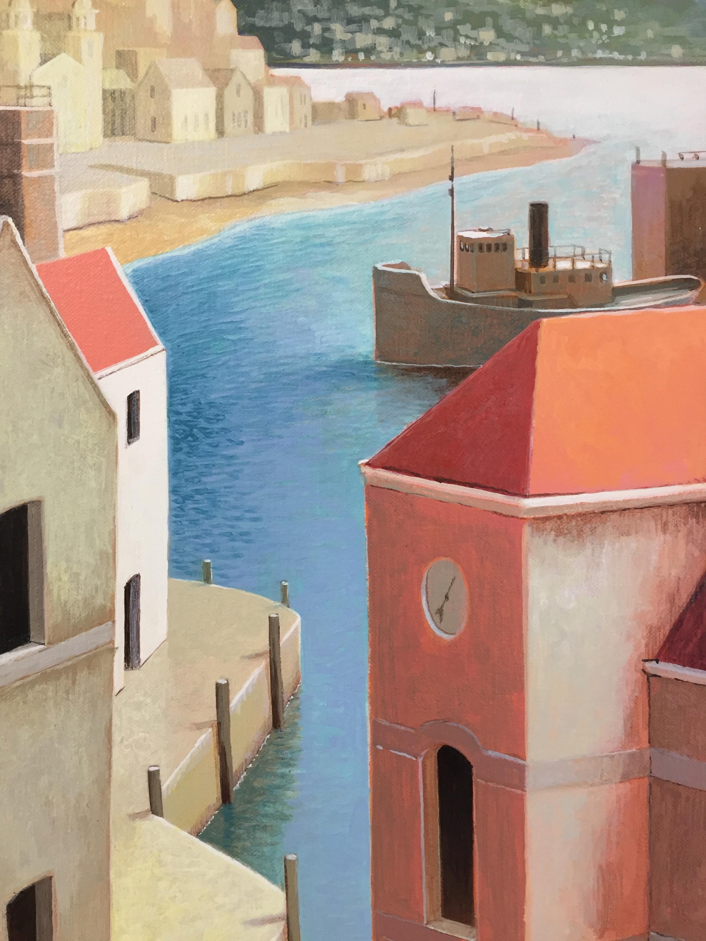 Ein warmer Nachmittag - 21. Jahrhundert, zeitgenössisches Gemälde eines Mittelmeerhafens  (Braun), Landscape Painting, von Michiel Schrijver