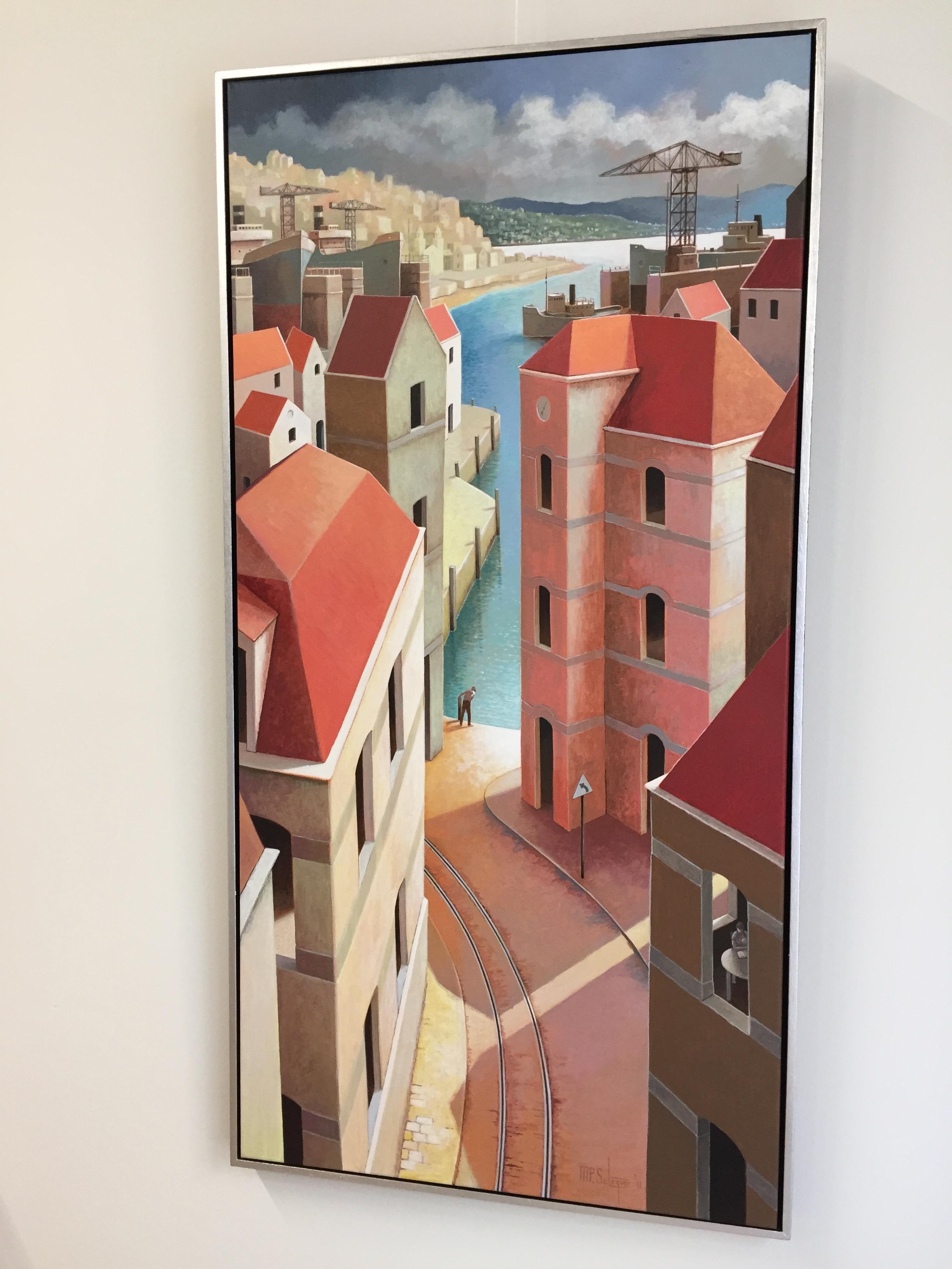 Ein warmer Nachmittag - 21. Jahrhundert, zeitgenössisches Gemälde eines Mittelmeerhafens  im Angebot 1