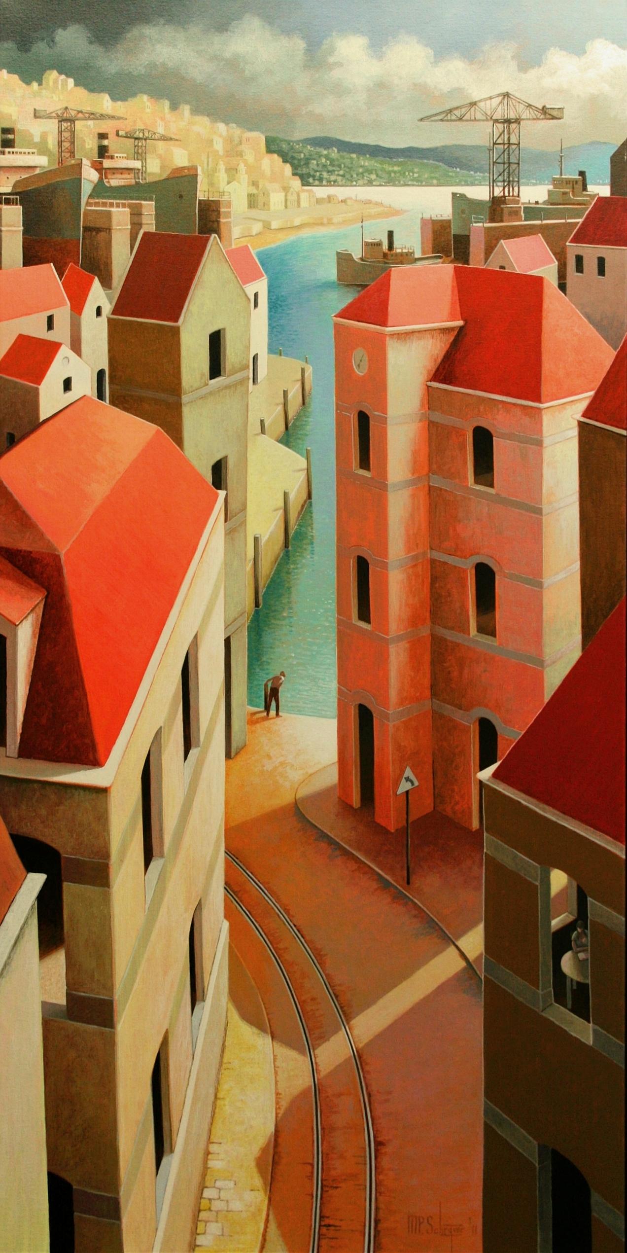 A warm afternoon- 21st Century, contemporary painting of a Mediterranean Port